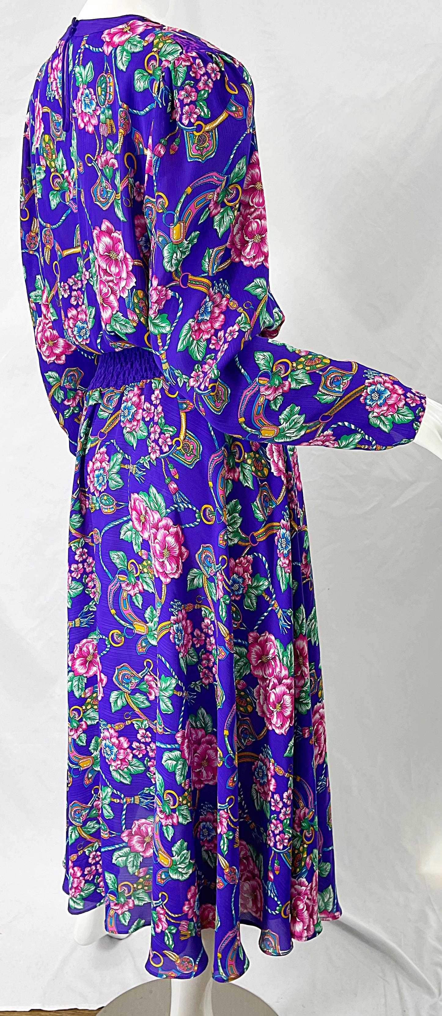 1980s Diane Freis Purple Regal Flowers and Jewels Printed Long Sleeve 80s Dress For Sale 4