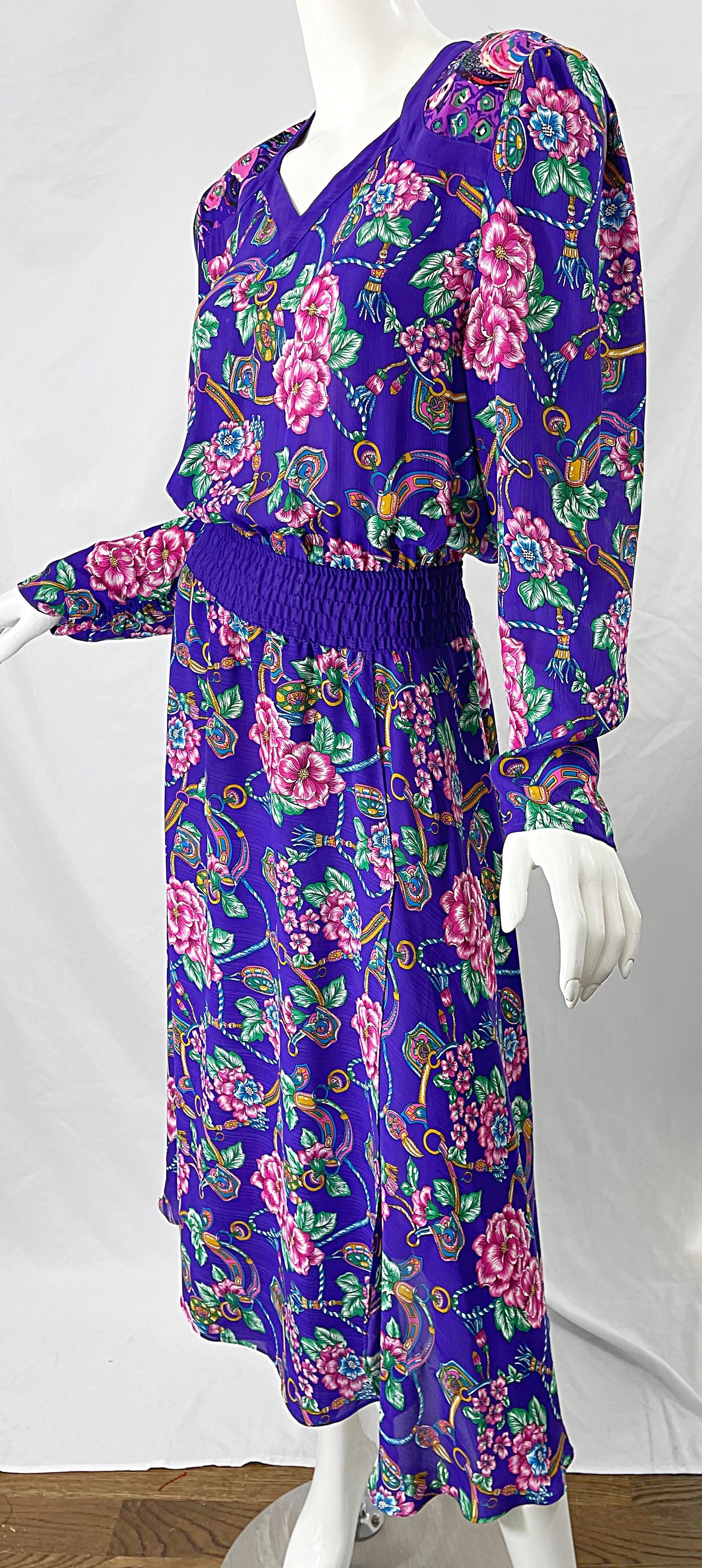1980s Diane Freis Purple Regal Flowers and Jewels Printed Long Sleeve 80s Dress In Excellent Condition For Sale In San Diego, CA