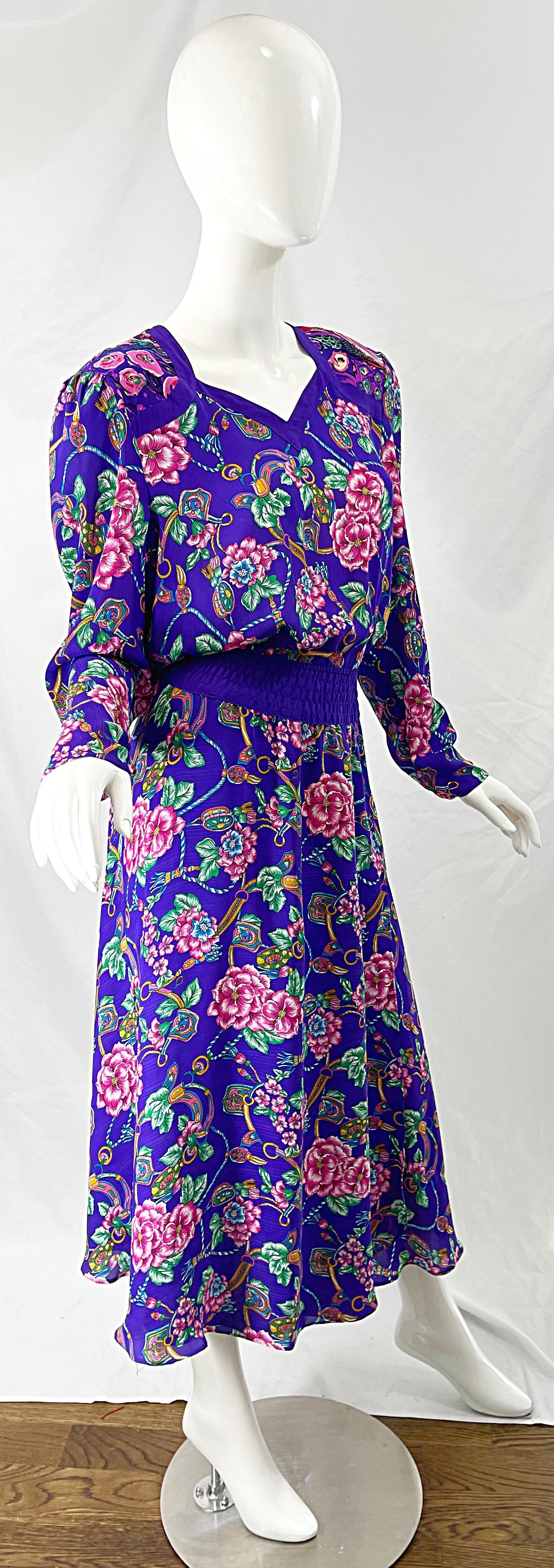 Women's 1980s Diane Freis Purple Regal Flowers and Jewels Printed Long Sleeve 80s Dress For Sale