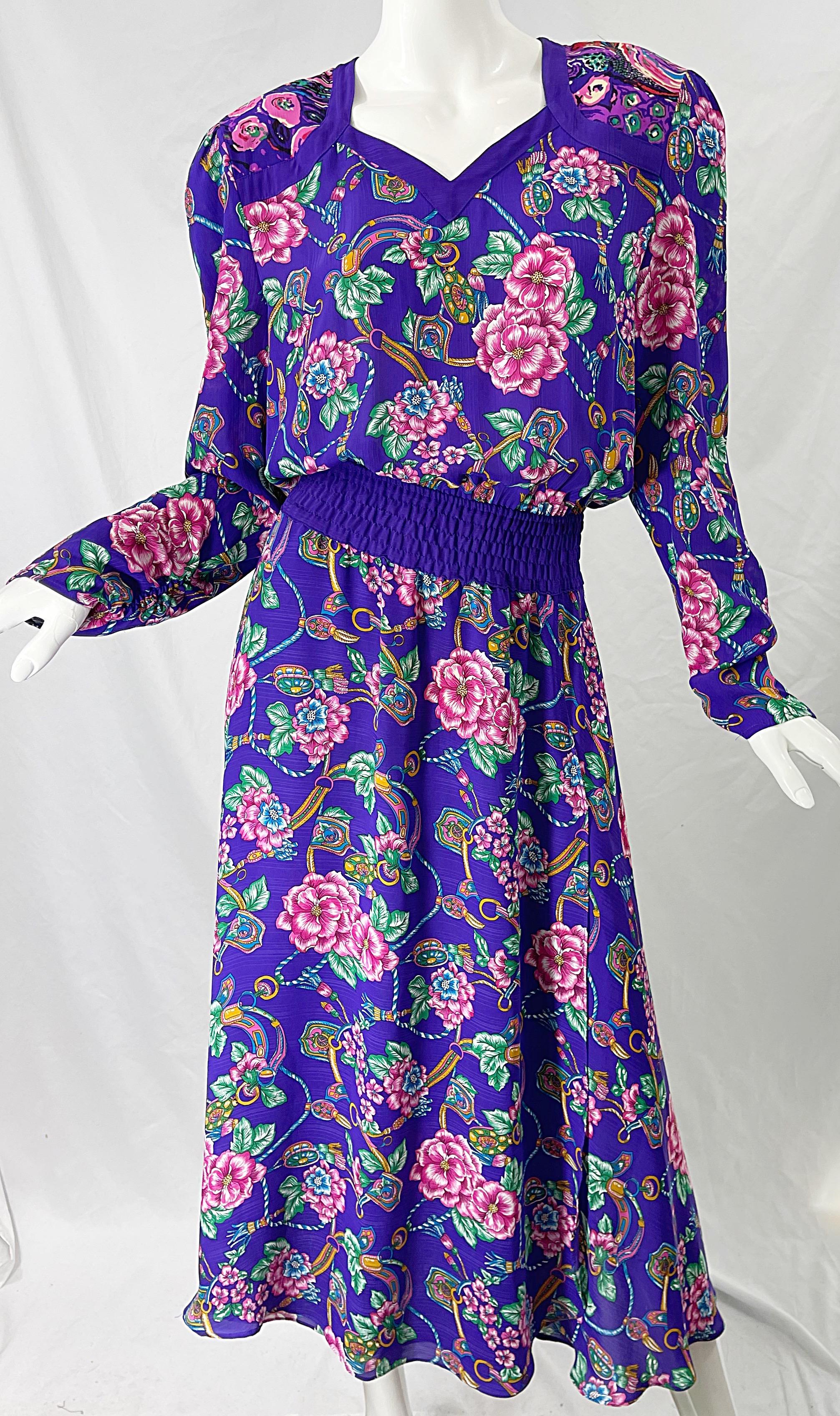 1980s Diane Freis Purple Regal Flowers and Jewels Printed Long Sleeve 80s Dress For Sale 1