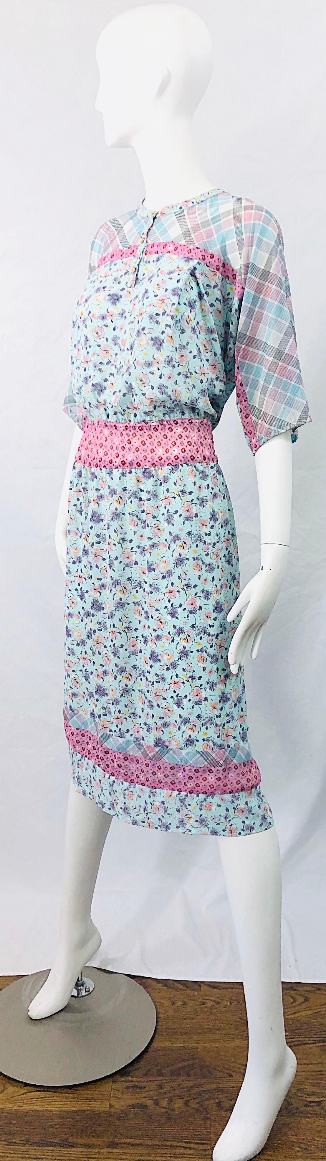 1980s Diane Freis Silk Blue + Pink Flowers and Plaid Stripes Vintage 80s Dress For Sale 3