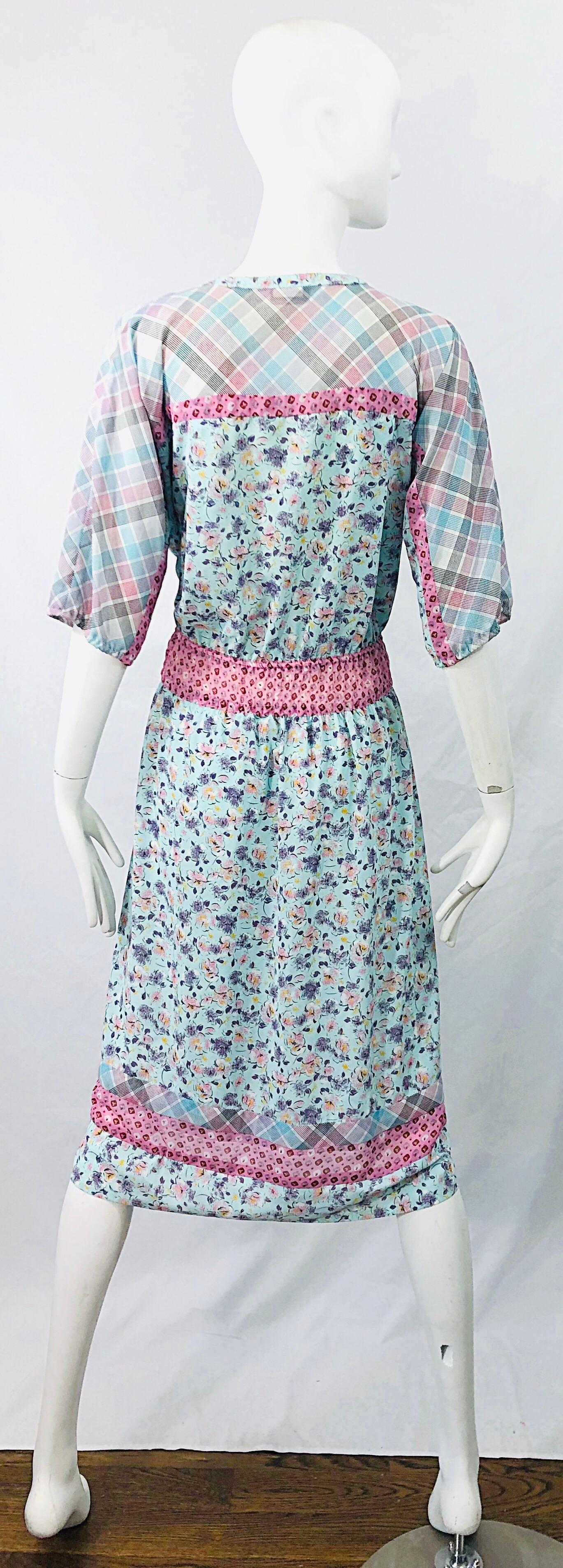1980s Diane Freis Silk Blue + Pink Flowers and Plaid Stripes Vintage 80s Dress For Sale 6