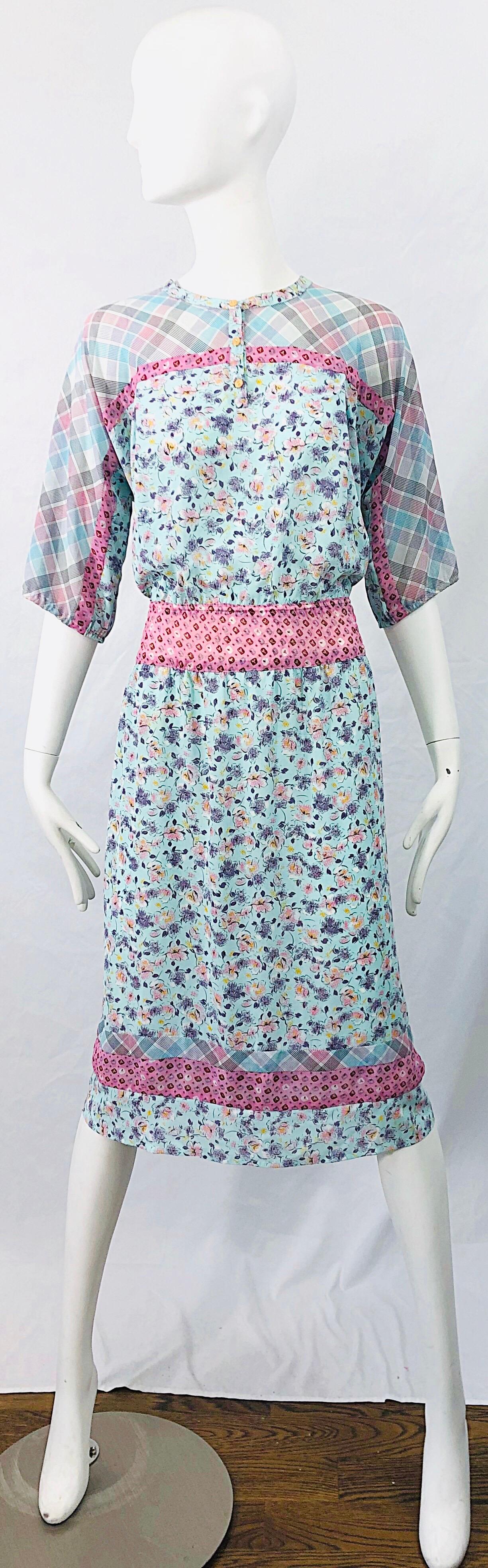 1980s Diane Freis Silk Blue + Pink Flowers and Plaid Stripes Vintage 80s Dress For Sale 8