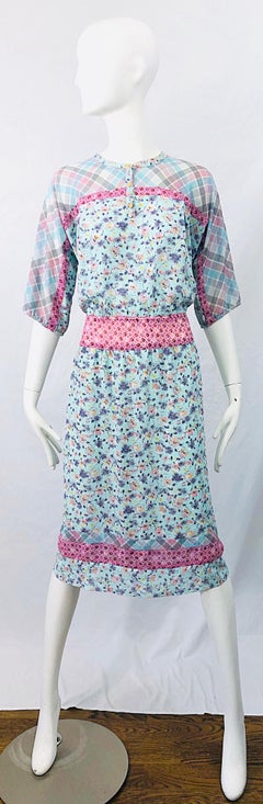 1980s Diane Freis Silk Blue + Pink Flowers and Plaid Stripes Vintage 80s Dress