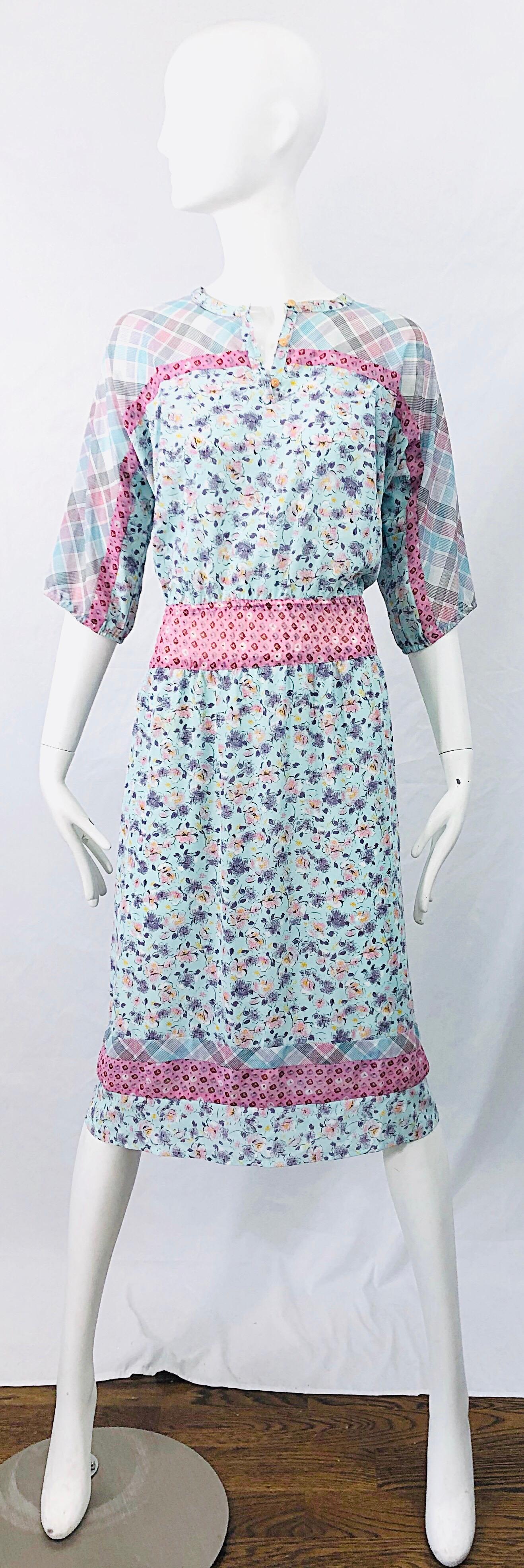 Gray 1980s Diane Freis Silk Blue + Pink Flowers and Plaid Stripes Vintage 80s Dress For Sale