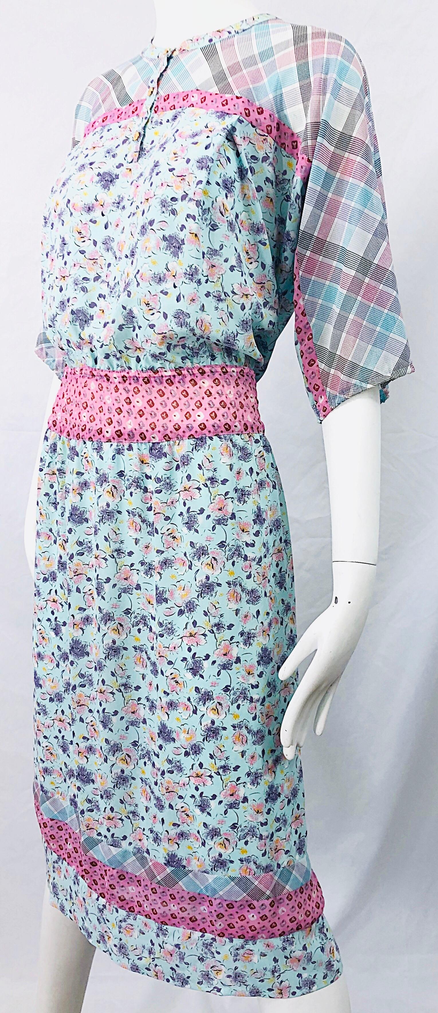 1980s Diane Freis Silk Blue + Pink Flowers and Plaid Stripes Vintage 80s Dress In Excellent Condition For Sale In San Diego, CA