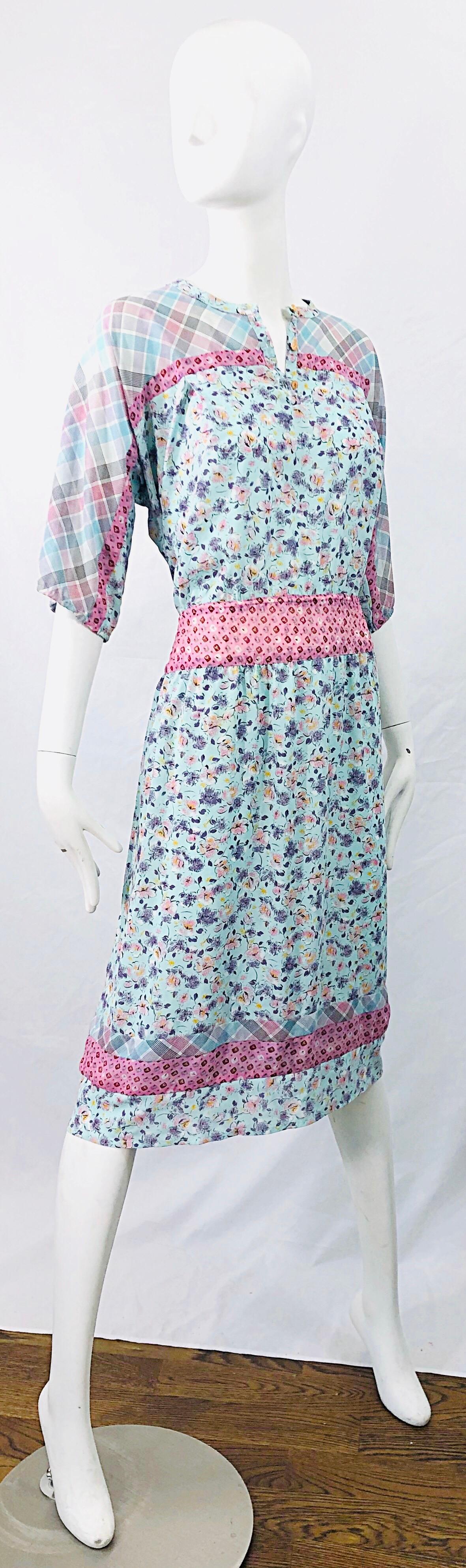 Women's 1980s Diane Freis Silk Blue + Pink Flowers and Plaid Stripes Vintage 80s Dress For Sale