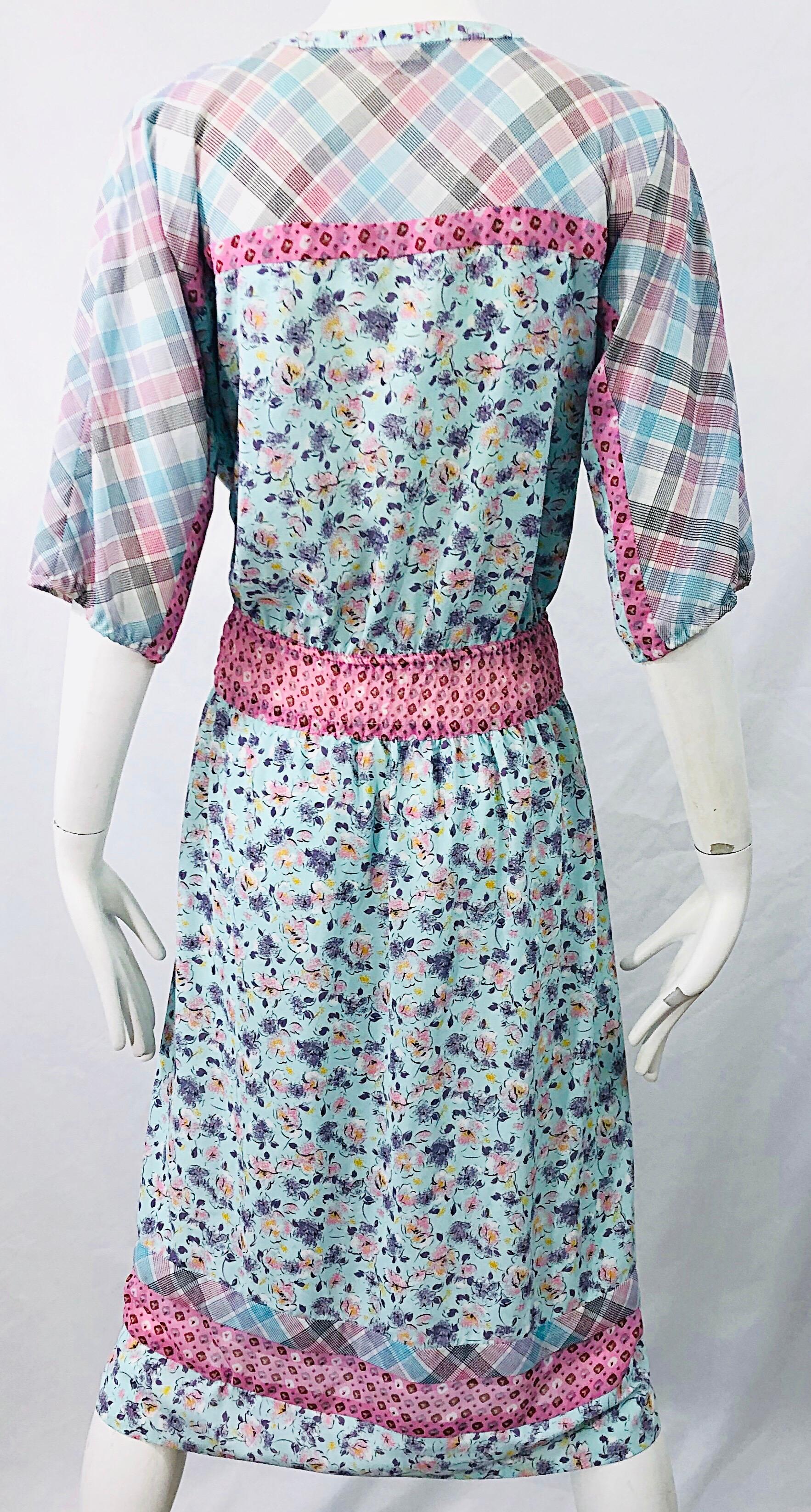 1980s Diane Freis Silk Blue + Pink Flowers and Plaid Stripes Vintage 80s Dress For Sale 1