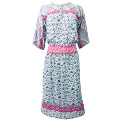 1980s Diane Freis Silk Blue + Pink Flowers and Plaid Stripes Vintage 80s Dress