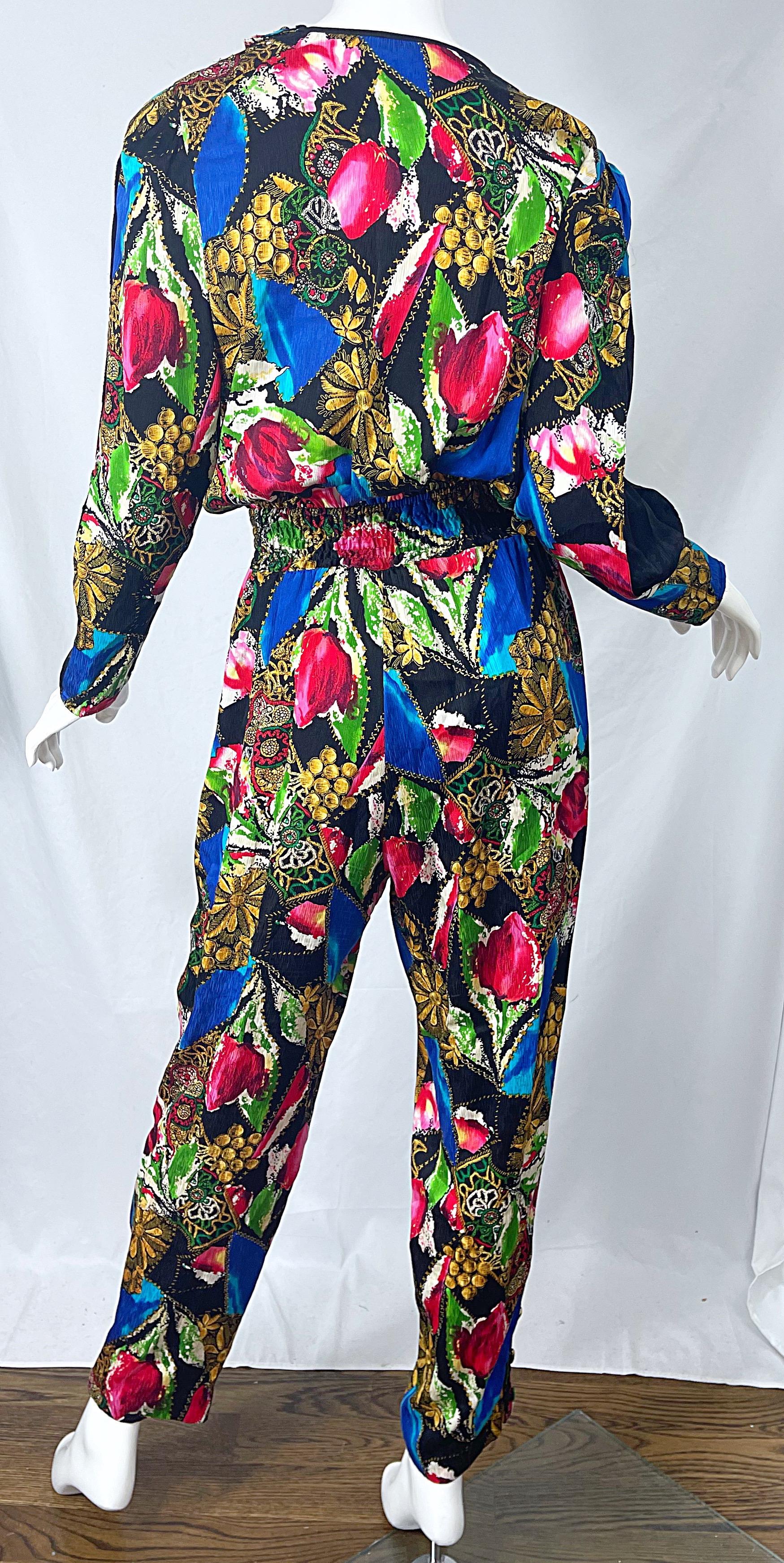 1980s Diane Freis Silk Jewel Floral Print Bright Color Vintage 80s Jumpsuit  For Sale 2