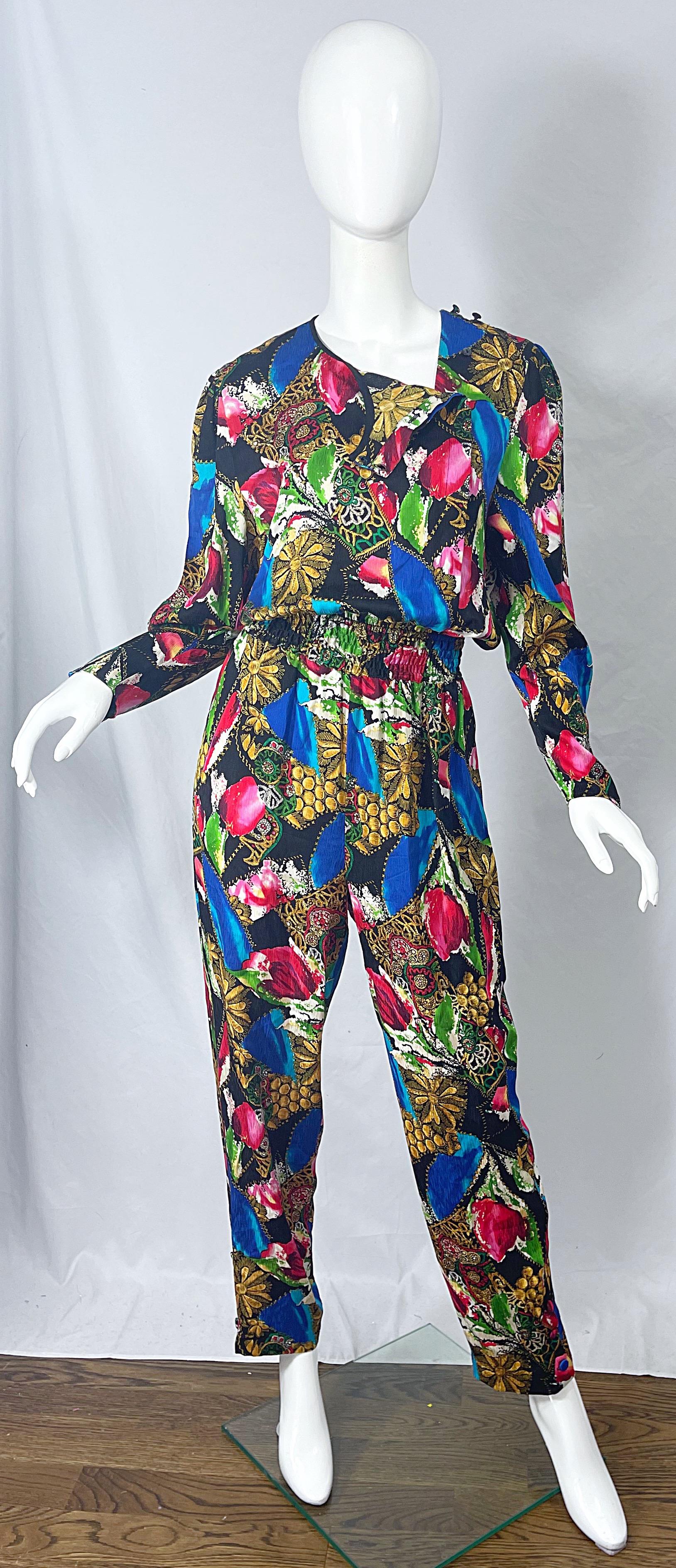 1980s Diane Freis Silk Jewel Floral Print Bright Color Vintage 80s Jumpsuit  For Sale 3