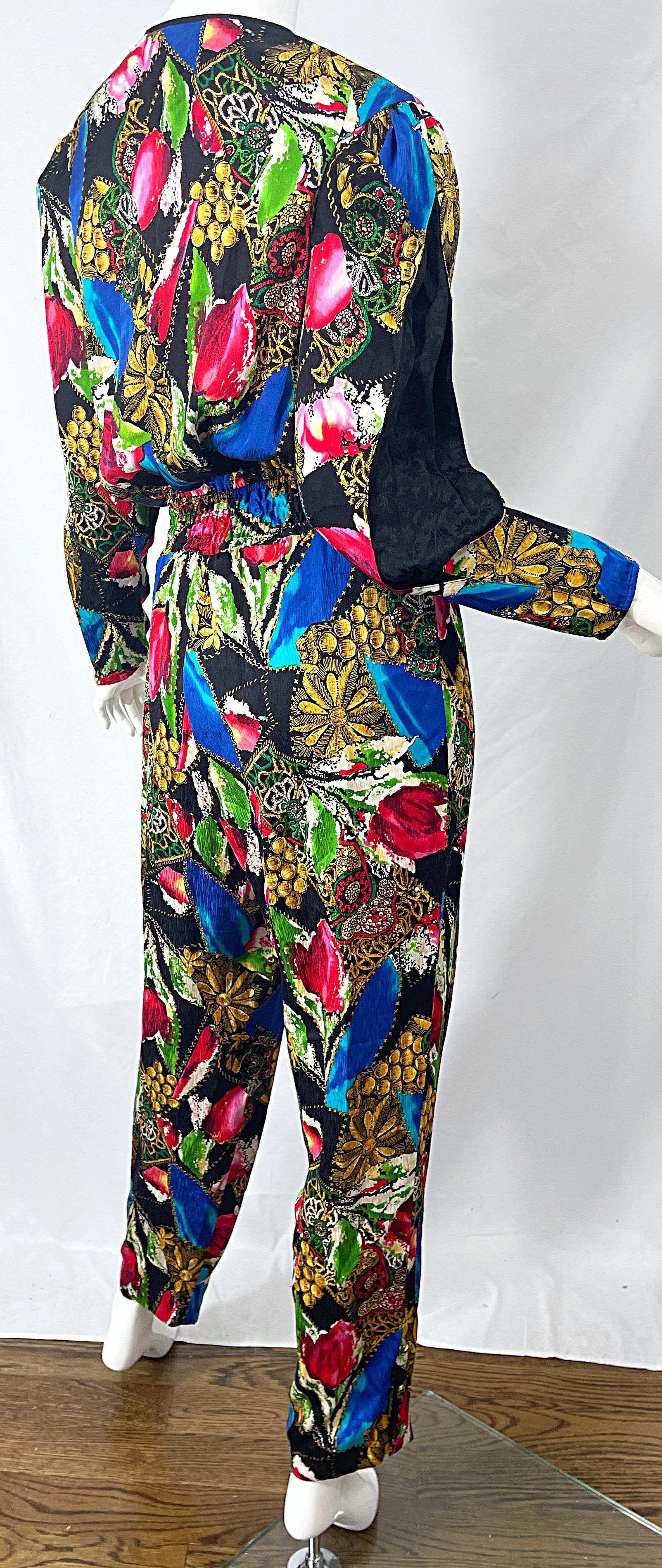 1980s Diane Freis Silk Jewel Floral Print Bright Color Vintage 80s Jumpsuit  For Sale 4