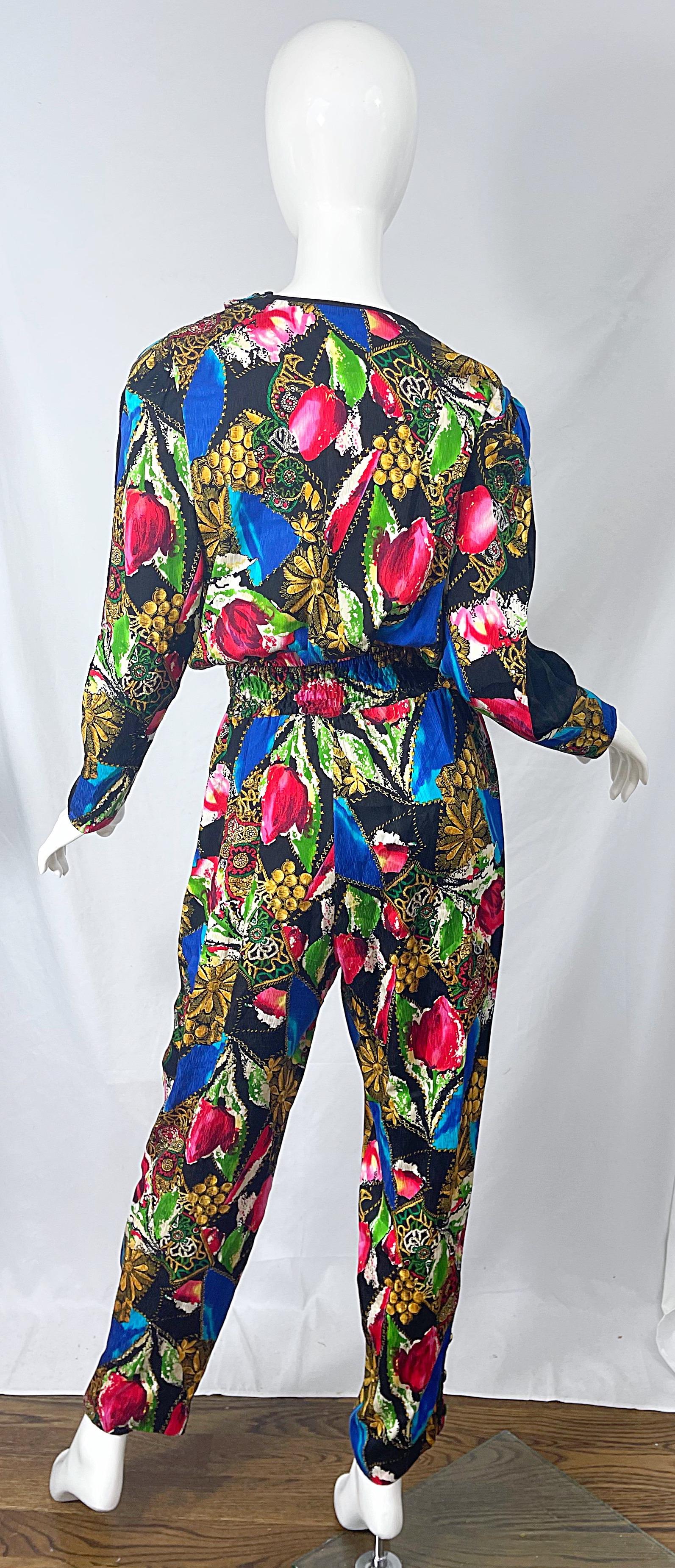 1980s Diane Freis Silk Jewel Floral Print Bright Color Vintage 80s Jumpsuit  For Sale 5