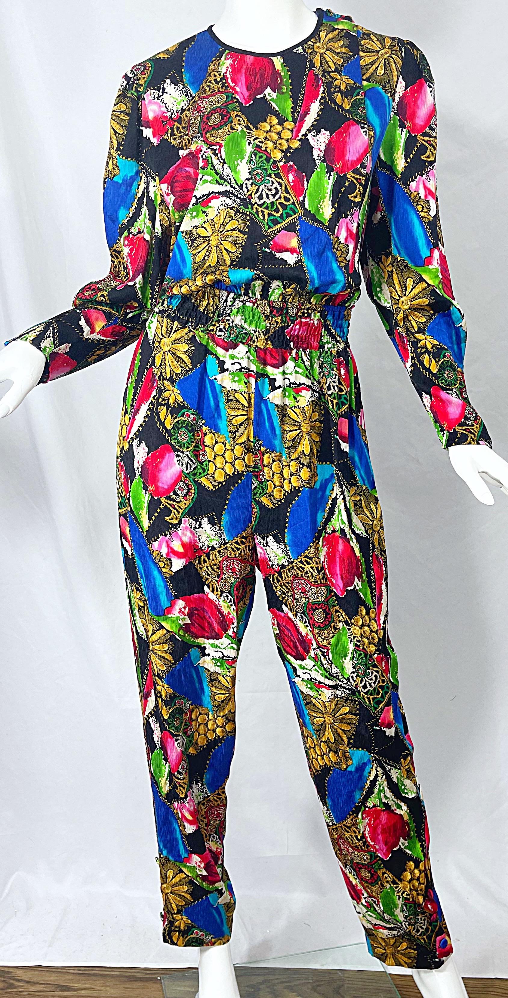 1980s Diane Freis Silk Jewel Floral Print Bright Color Vintage 80s Jumpsuit  For Sale 6