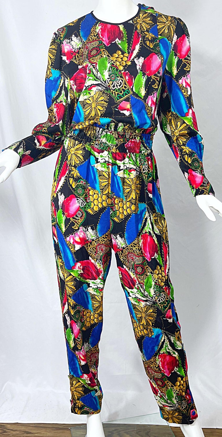 1980s Yellow Jumpsuit with a Bright Floral Print