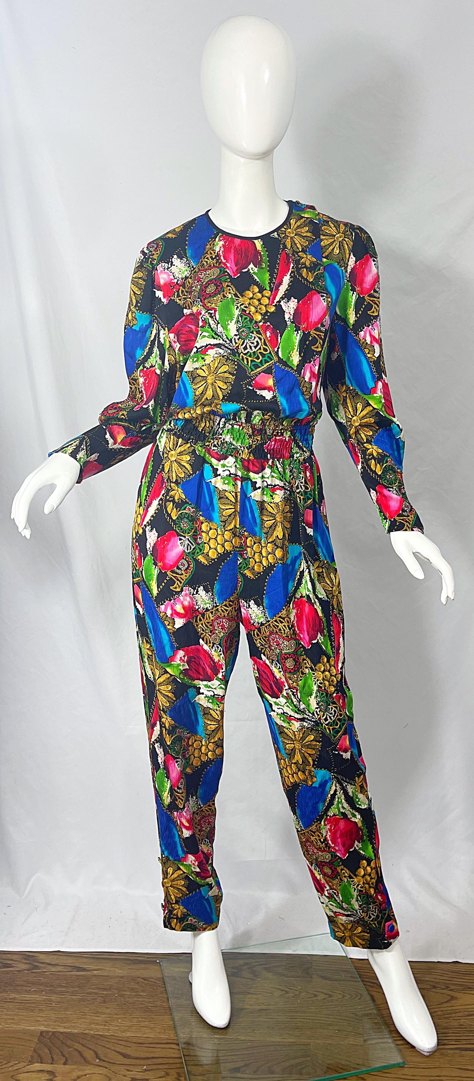 1980s Diane Freis Silk Jewel Floral Print Bright Color Vintage 80s Jumpsuit  For Sale 7