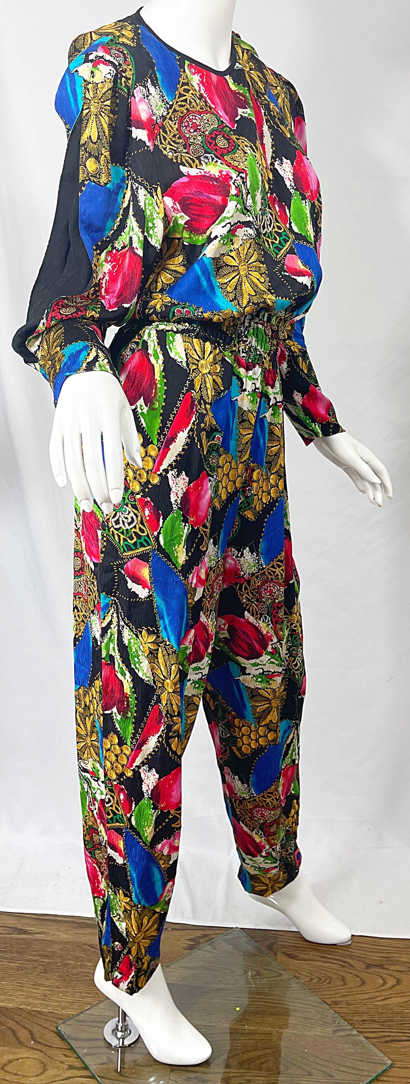 Black 1980s Diane Freis Silk Jewel Floral Print Bright Color Vintage 80s Jumpsuit  For Sale