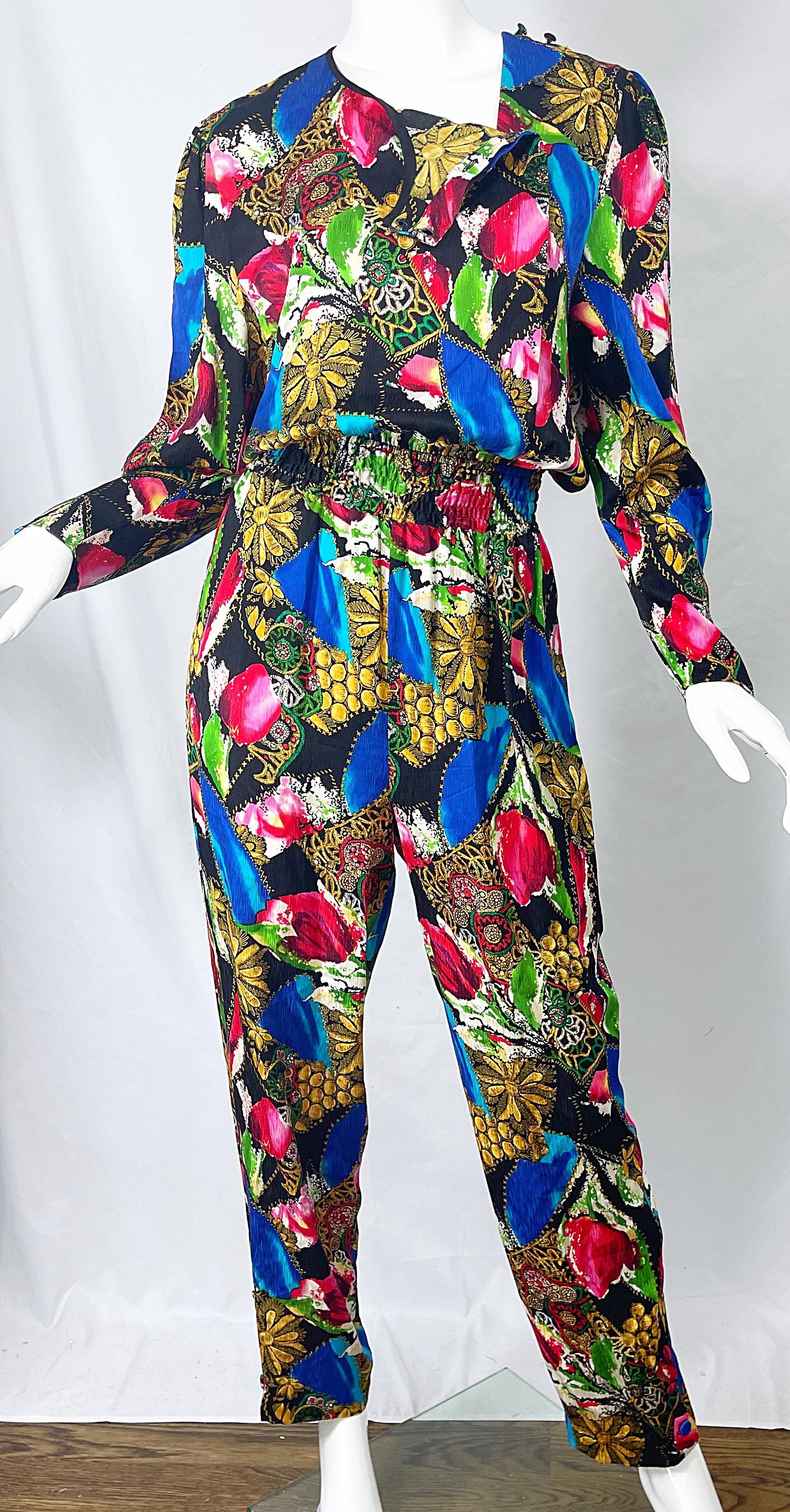 1980s Diane Freis Silk Jewel Floral Print Bright Color Vintage 80s Jumpsuit  In Excellent Condition For Sale In San Diego, CA