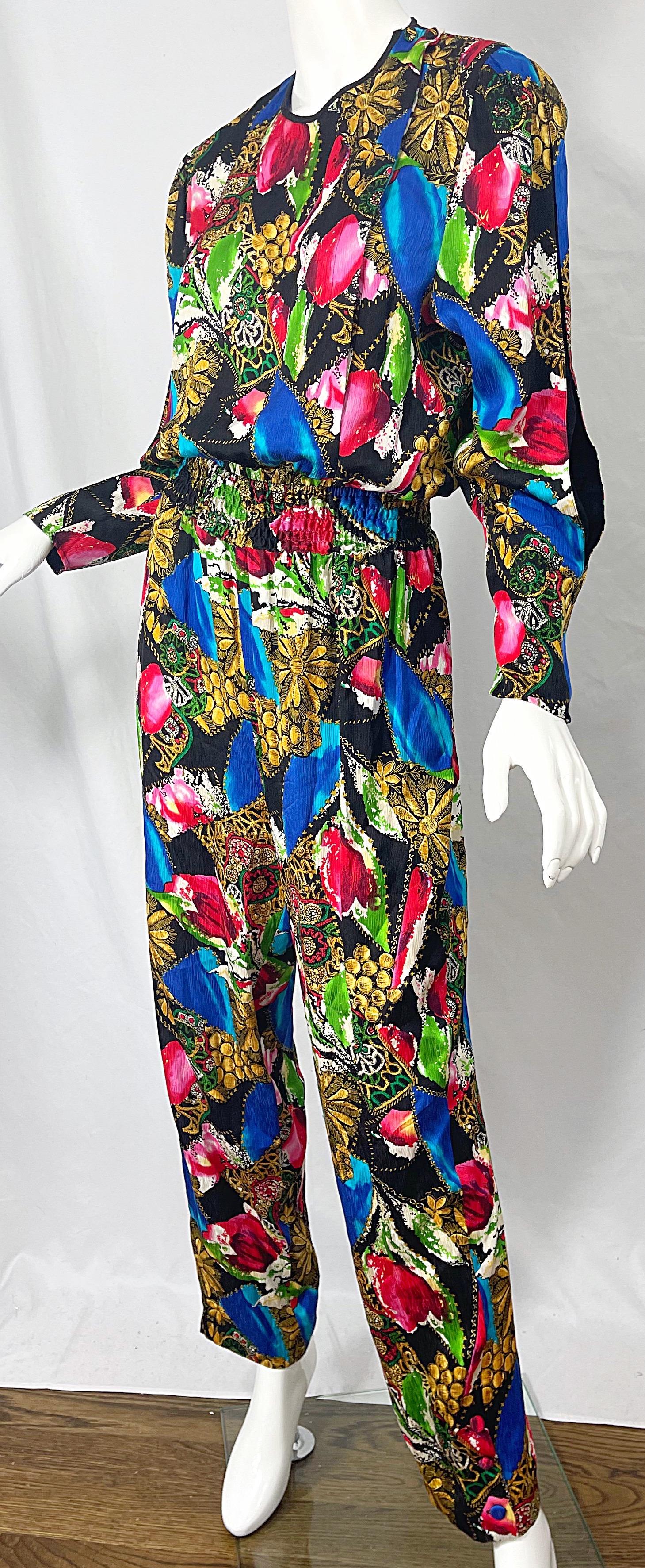 Women's 1980s Diane Freis Silk Jewel Floral Print Bright Color Vintage 80s Jumpsuit  For Sale