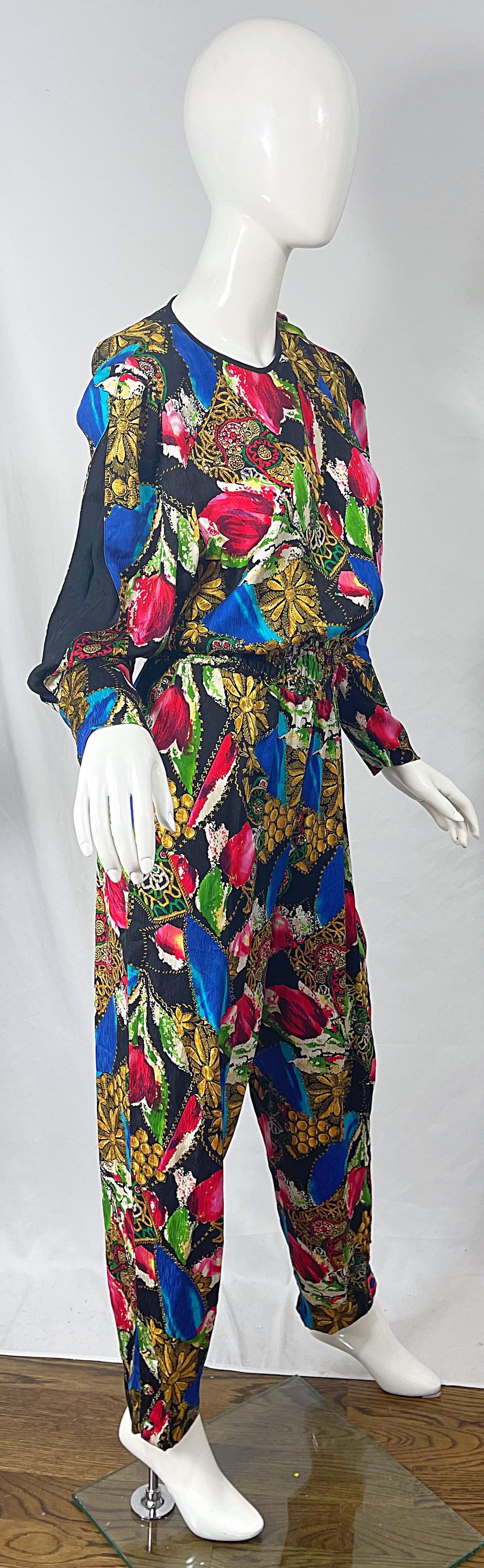 1980s Diane Freis Silk Jewel Floral Print Bright Color Vintage 80s Jumpsuit  For Sale 1