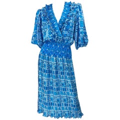 1980s Diane Freis Turquoise Blue and White Boho Tribal Print Vintage 80s Dress