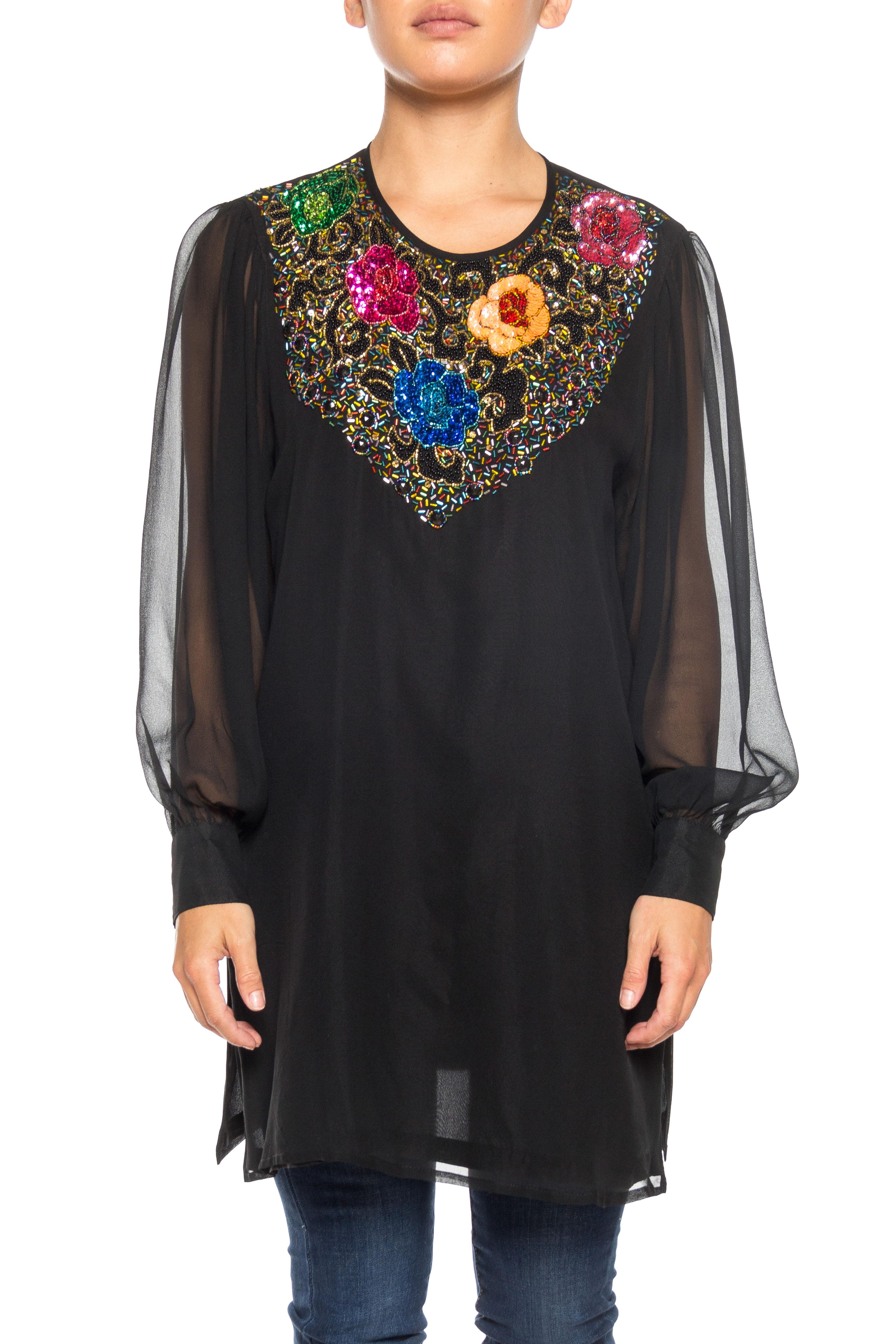 1980S DIANE FREIS Black Beaded Silk Chiffon Cocktail Tunic Blouse With Sheer Sleeves