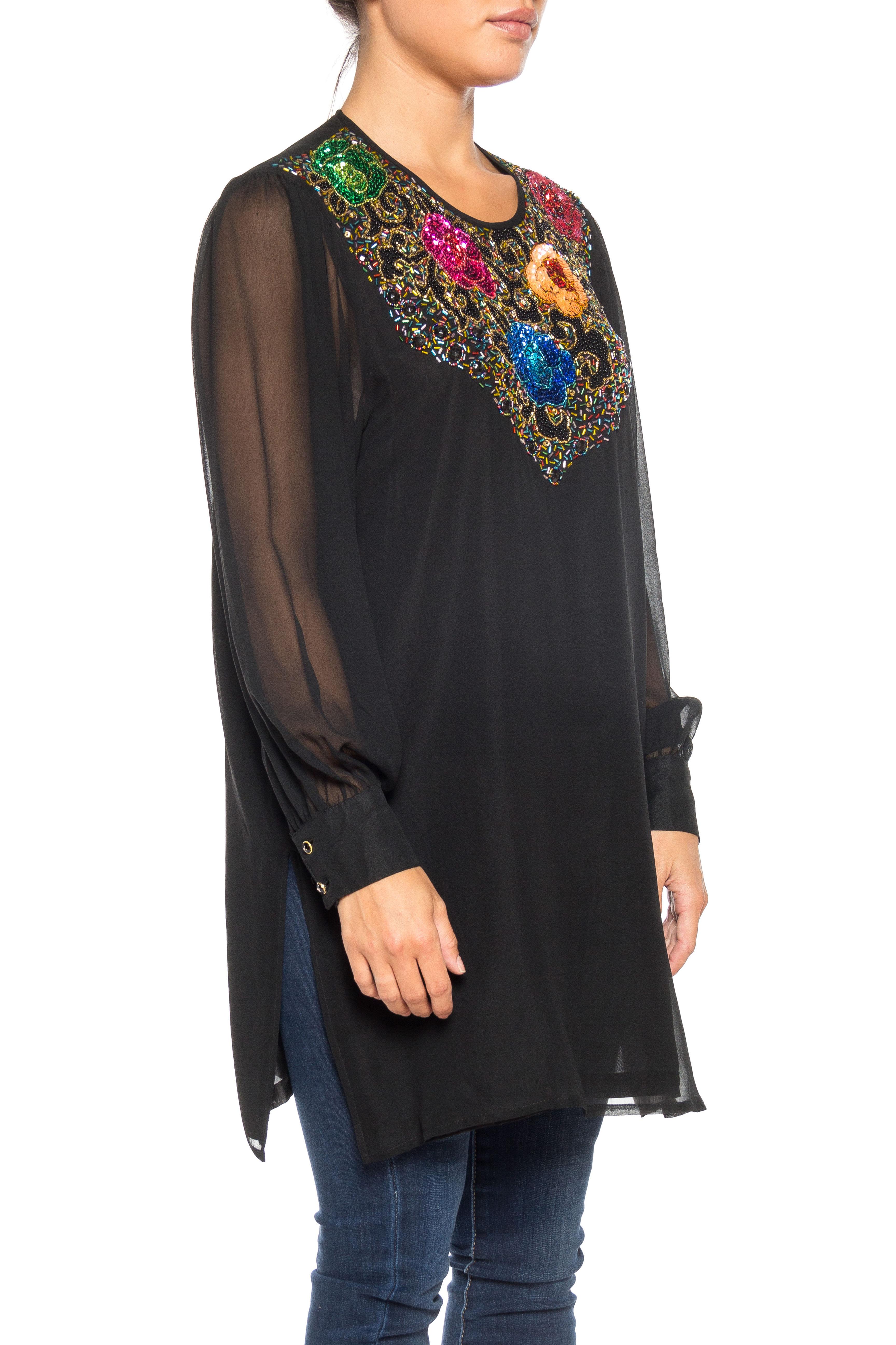 1980S DIANE FREIS Black Beaded Silk Chiffon Cocktail Tunic Blouse With Sheer Sl In Excellent Condition For Sale In New York, NY