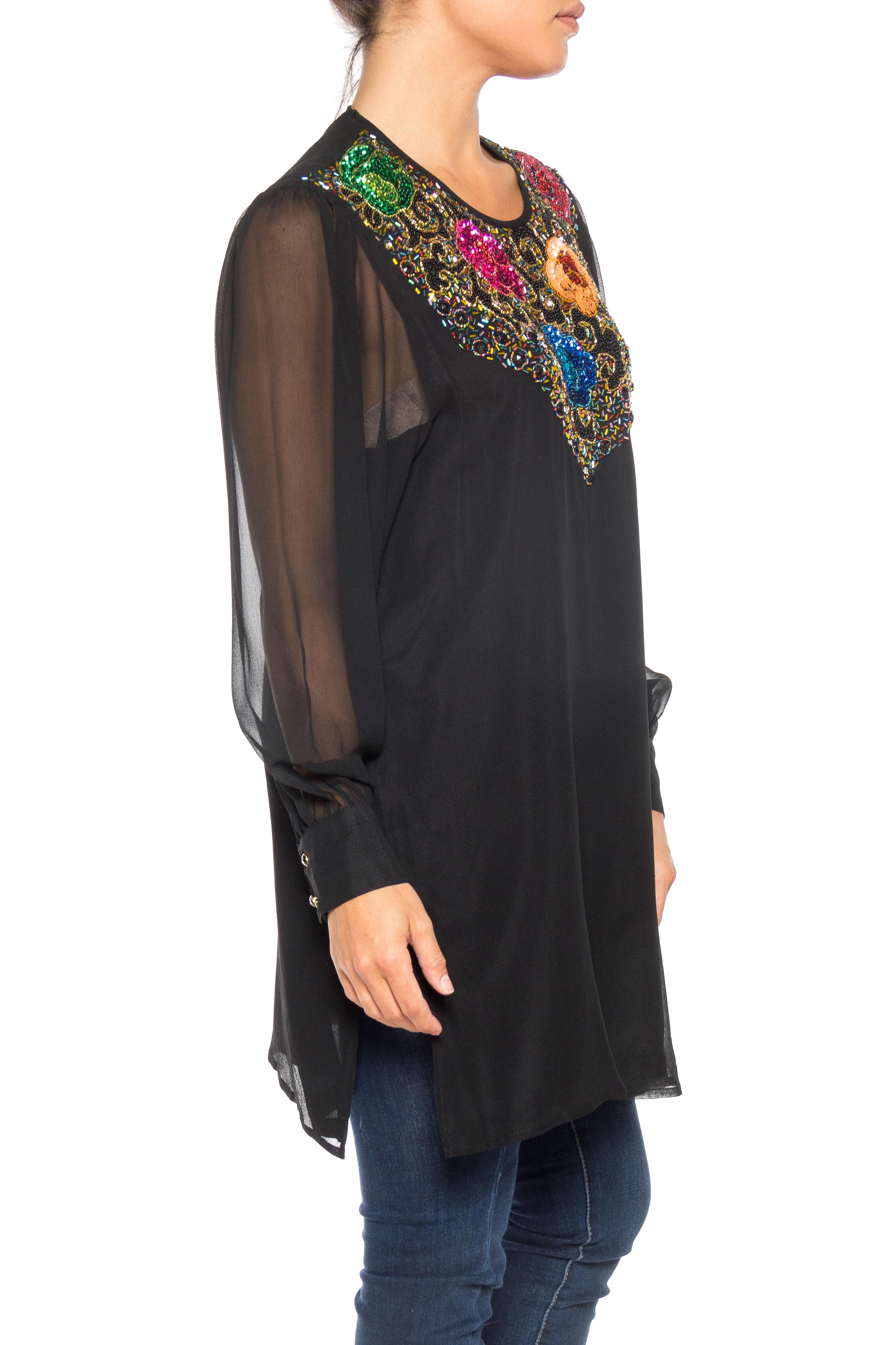 Women's 1980S DIANE FREIS Black Beaded Silk Chiffon Cocktail Tunic Blouse With Sheer Sl For Sale