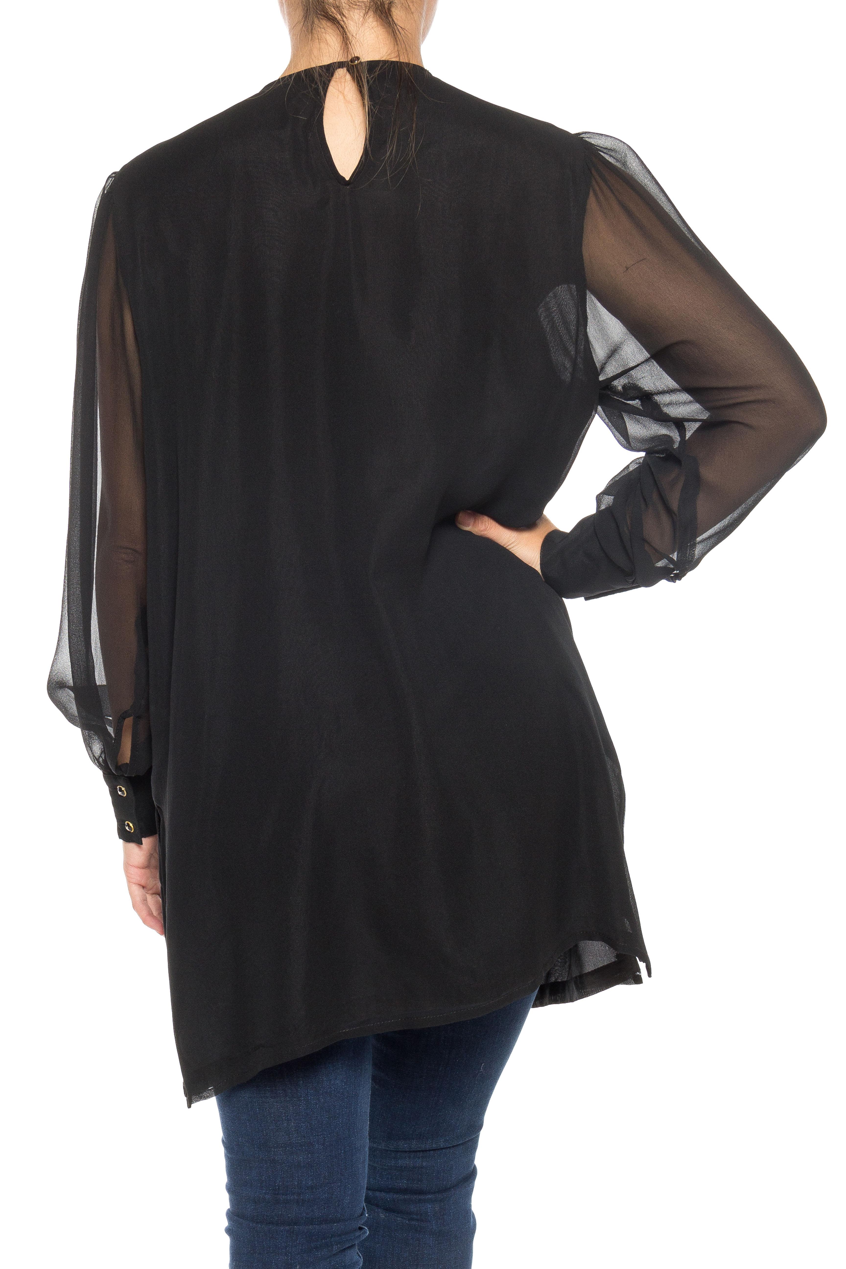 1980S DIANE FREIS Black Beaded Silk Chiffon Cocktail Tunic Blouse With Sheer Sl For Sale 2