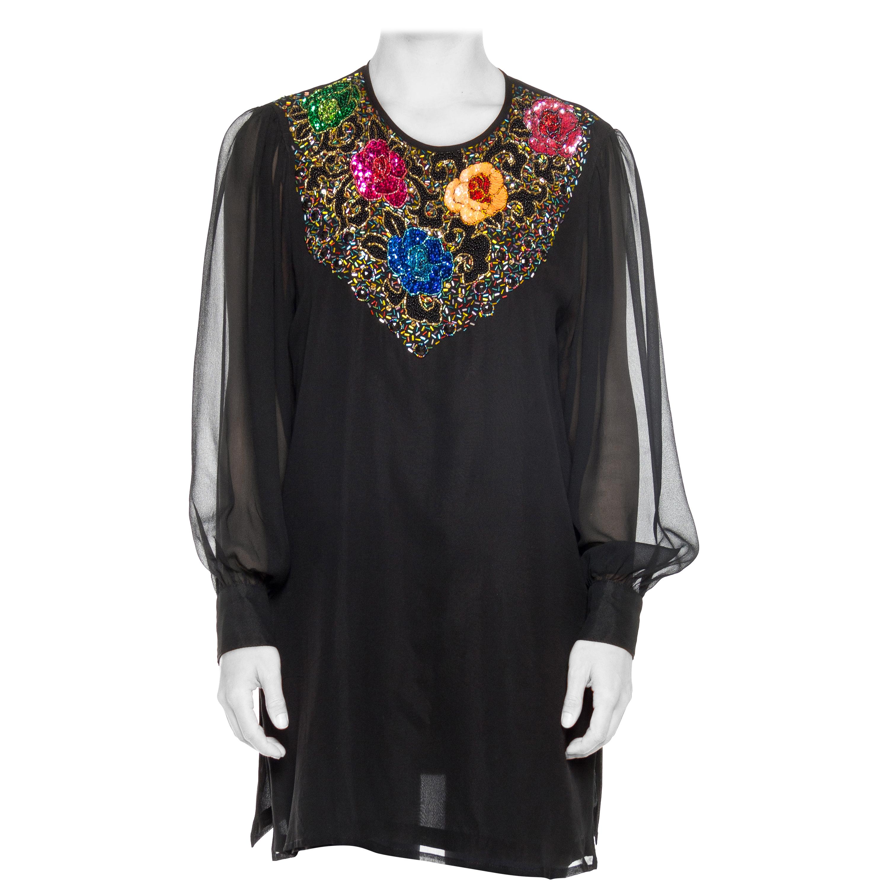 1980S DIANE FREIS Black Beaded Silk Chiffon Cocktail Tunic Blouse With Sheer Sl For Sale