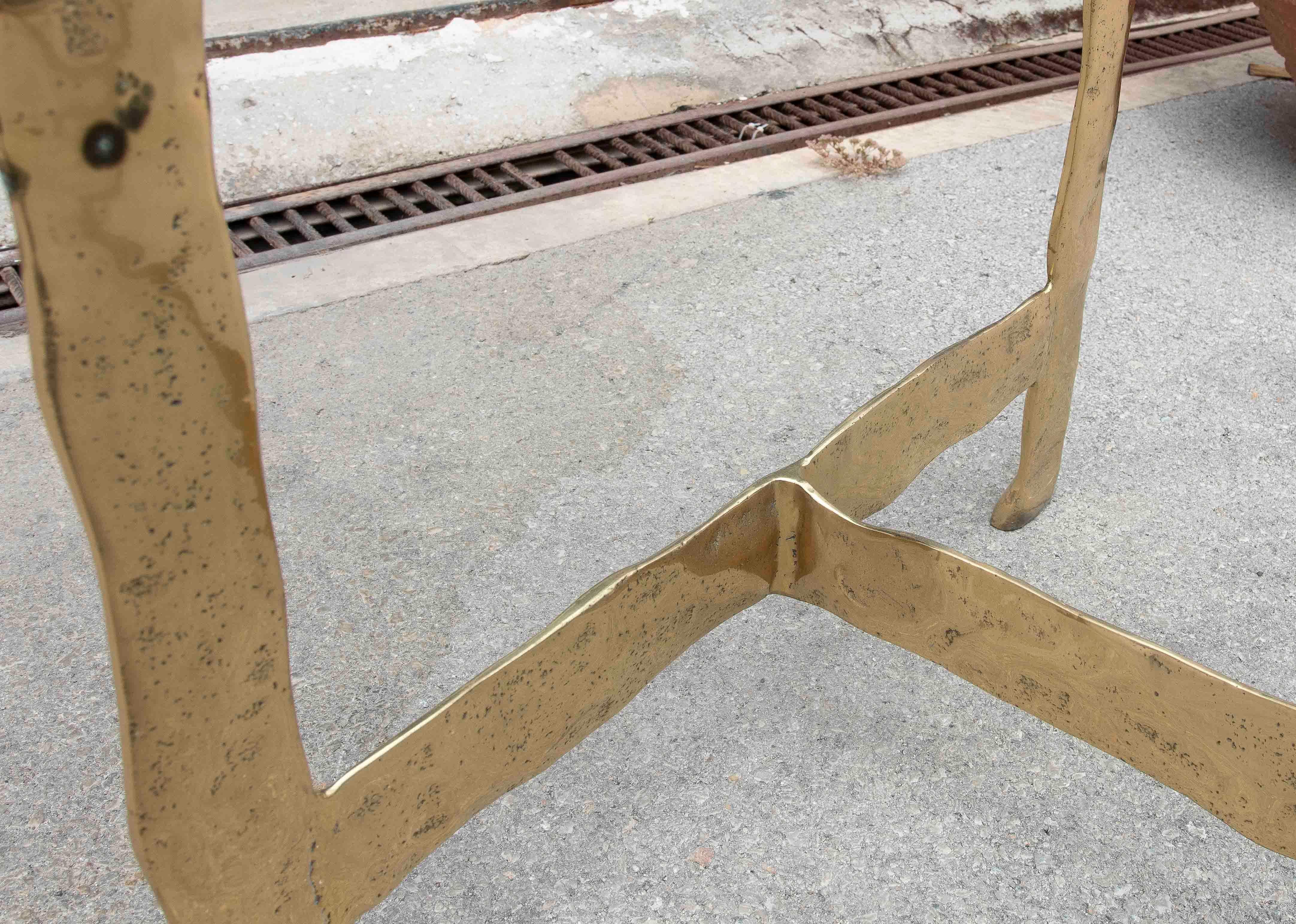 1980s Dining Table with Hammered Brass Frame and Glass Top For Sale 7