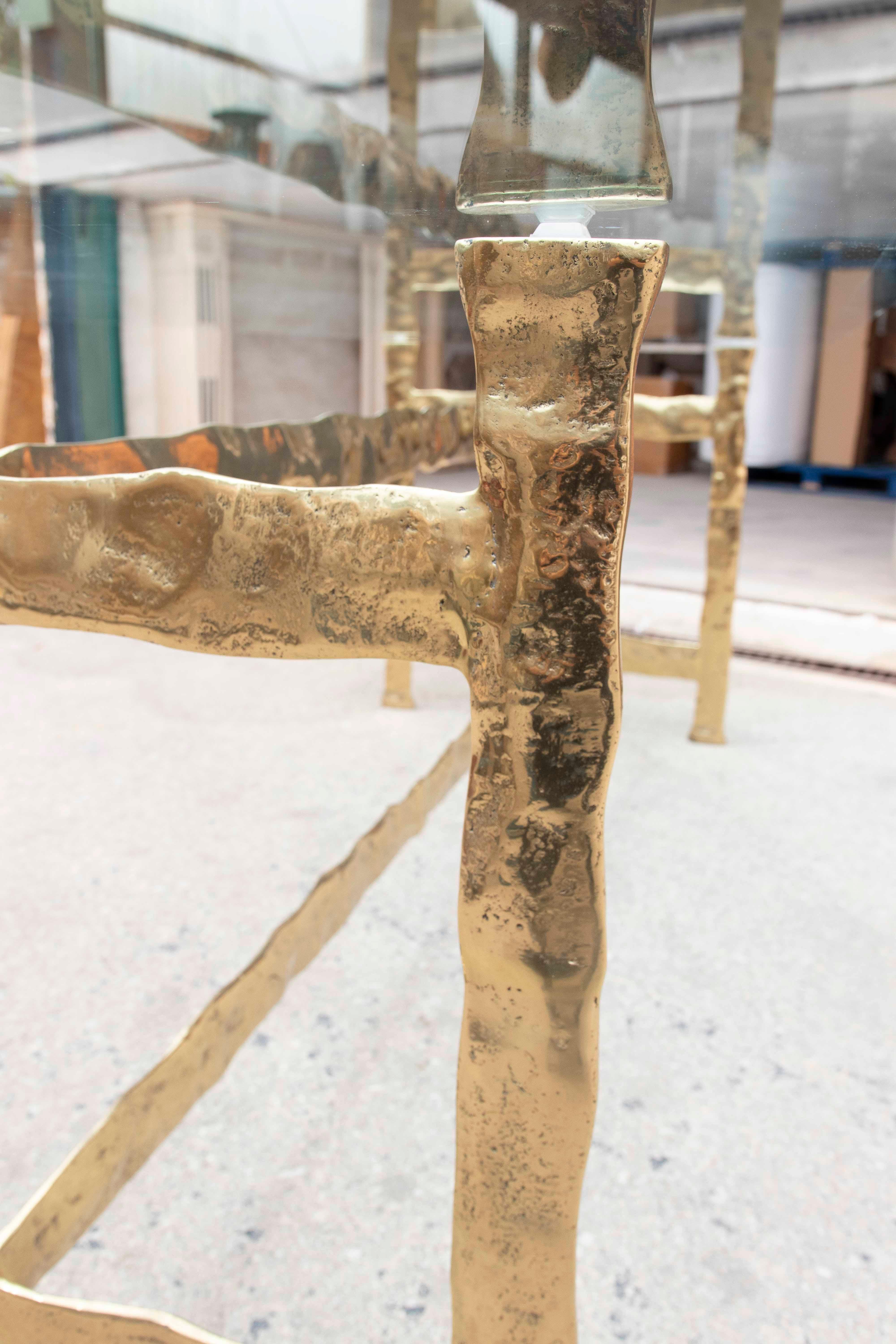 1980s Dining Table with Hammered Brass Frame and Glass Top For Sale 11