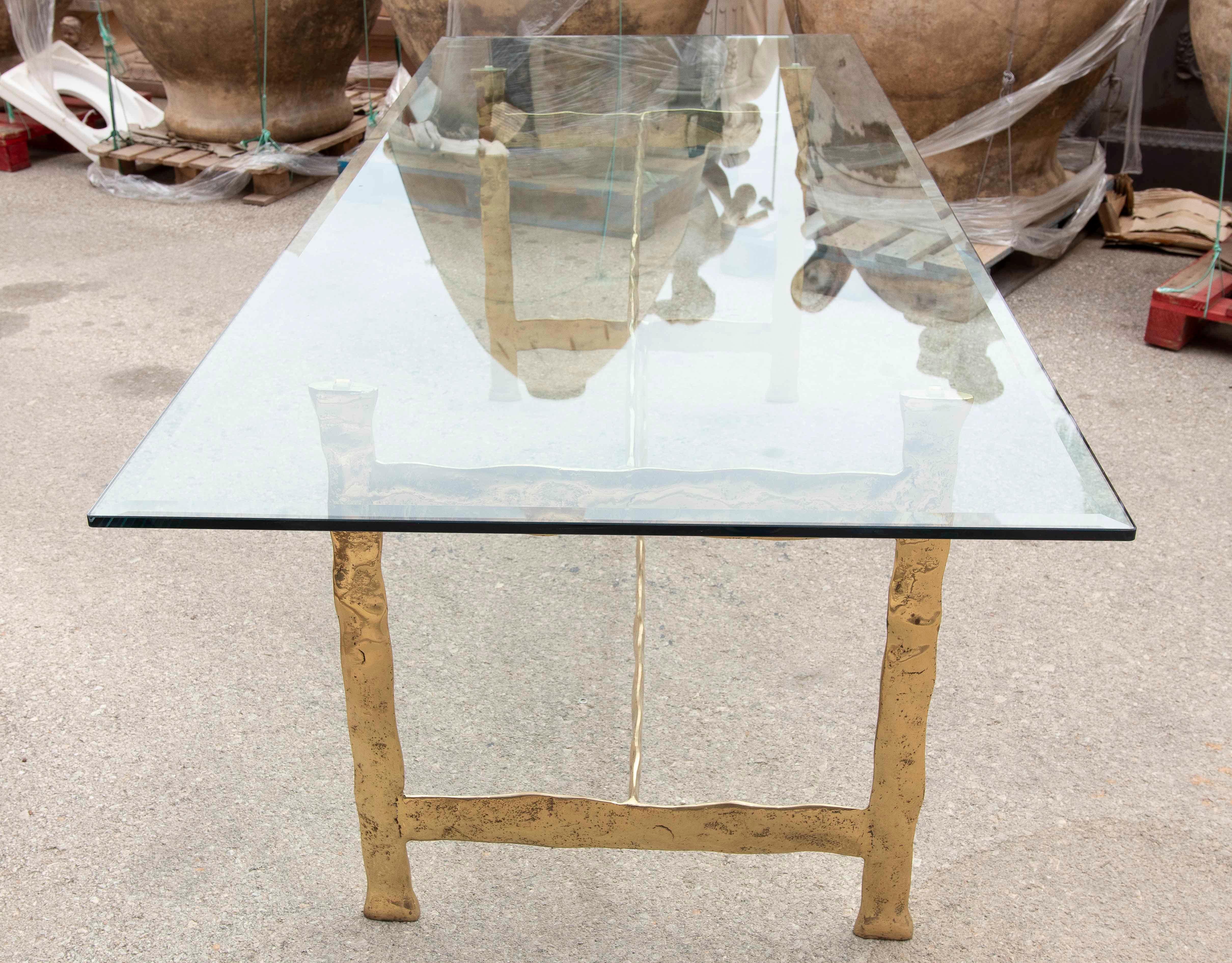 Bronze 1980s Dining Table with Hammered Brass Frame and Glass Top For Sale