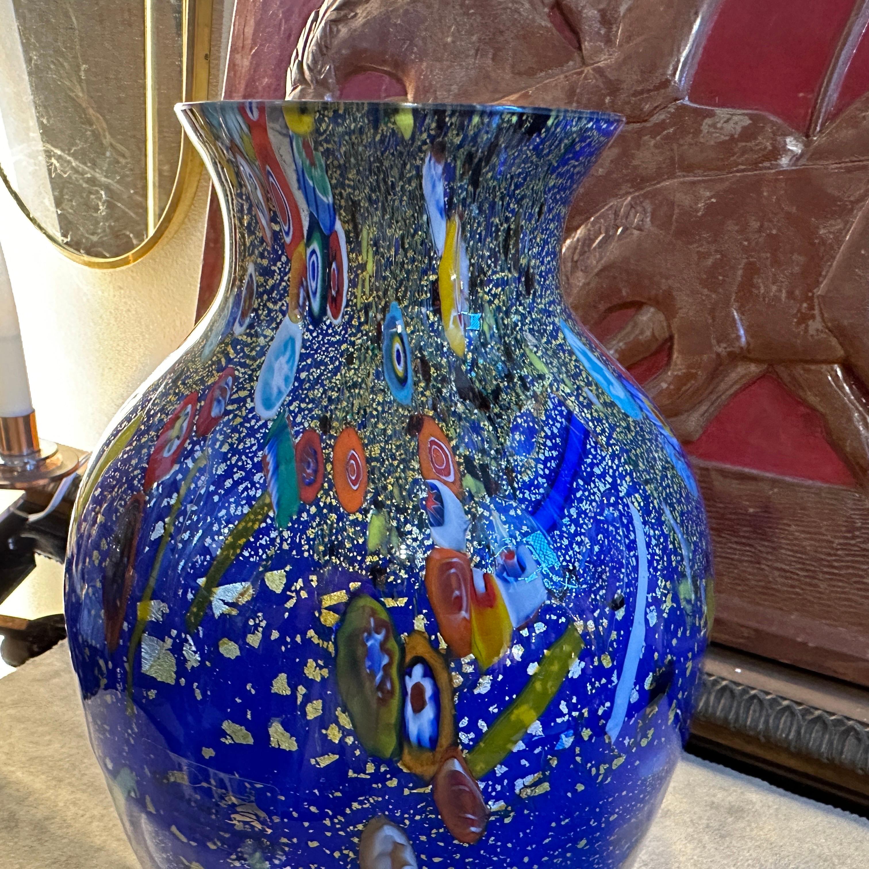 1980s Dino Martens Style Modernist Blue Murano Glass with Murrine Inserts Vase For Sale 3