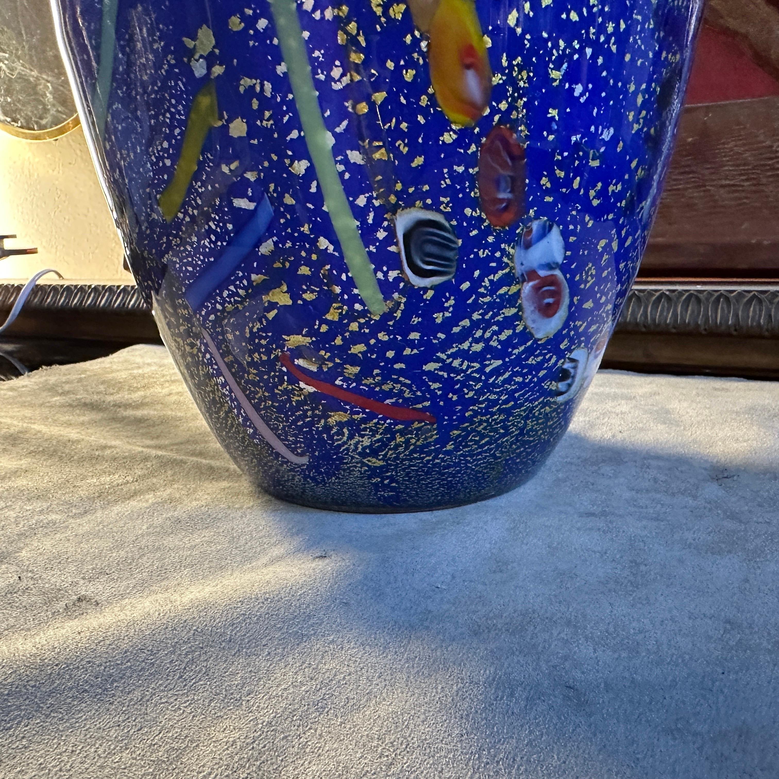 1980s Dino Martens Style Modernist Blue Murano Glass with Murrine Inserts Vase For Sale 4