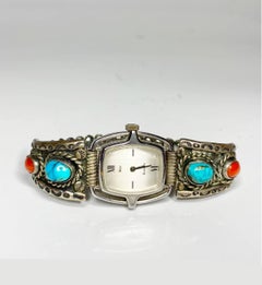 1980s Dior Bulova Western Turquoise Coral Silver Ban Mechanical Wristwatch