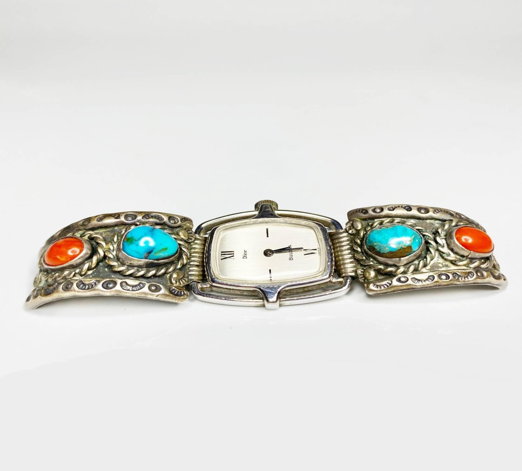 Uncut 1980s Dior Bulova Western Turquoise Coral Silver Ban Mechanical Wristwatch  For Sale