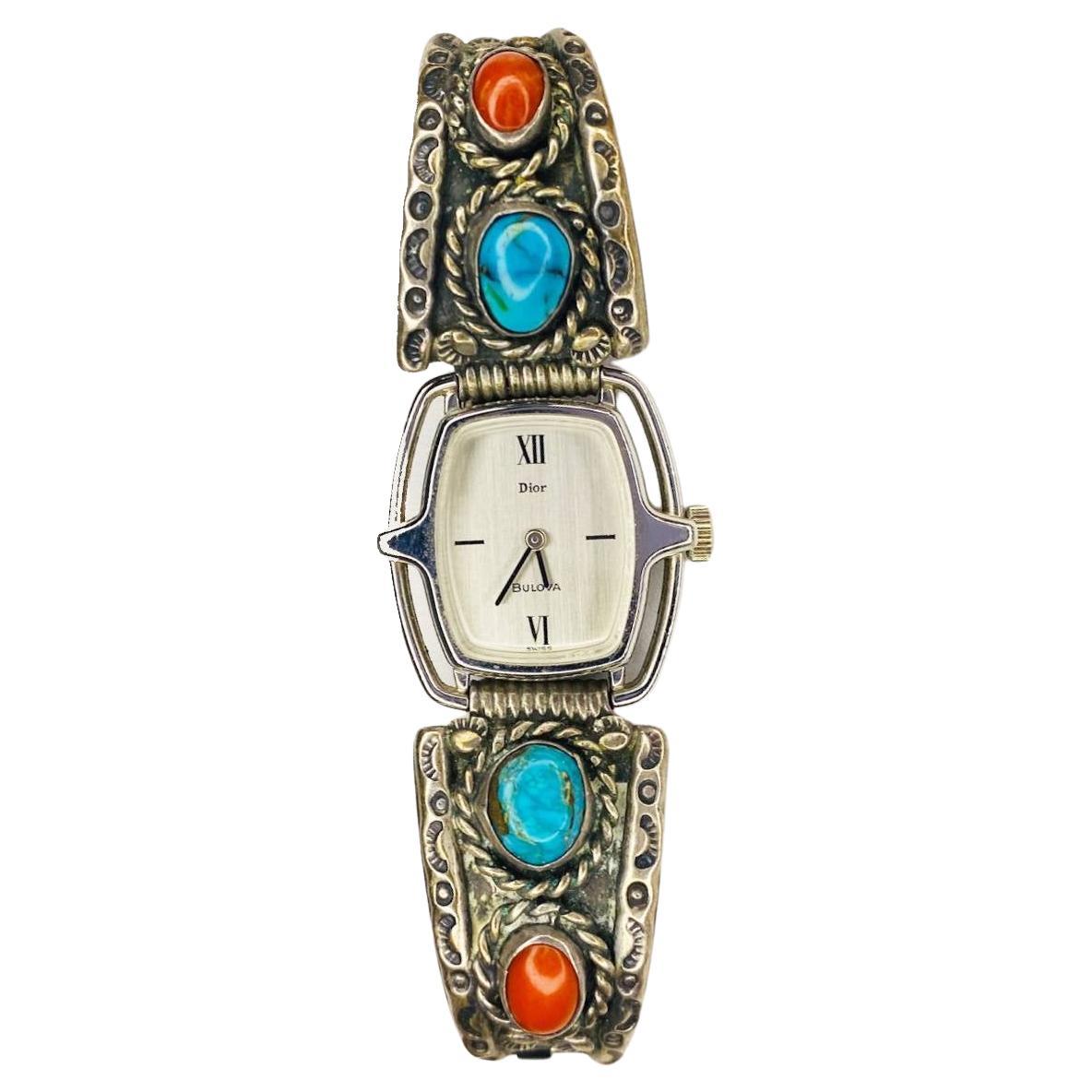 1980s Dior Bulova Western Turquoise Coral Silver Ban Mechanical Wristwatch  For Sale