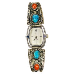 Retro 1980s Dior Bulova Western Turquoise Coral Silver Ban Mechanical Wristwatch 