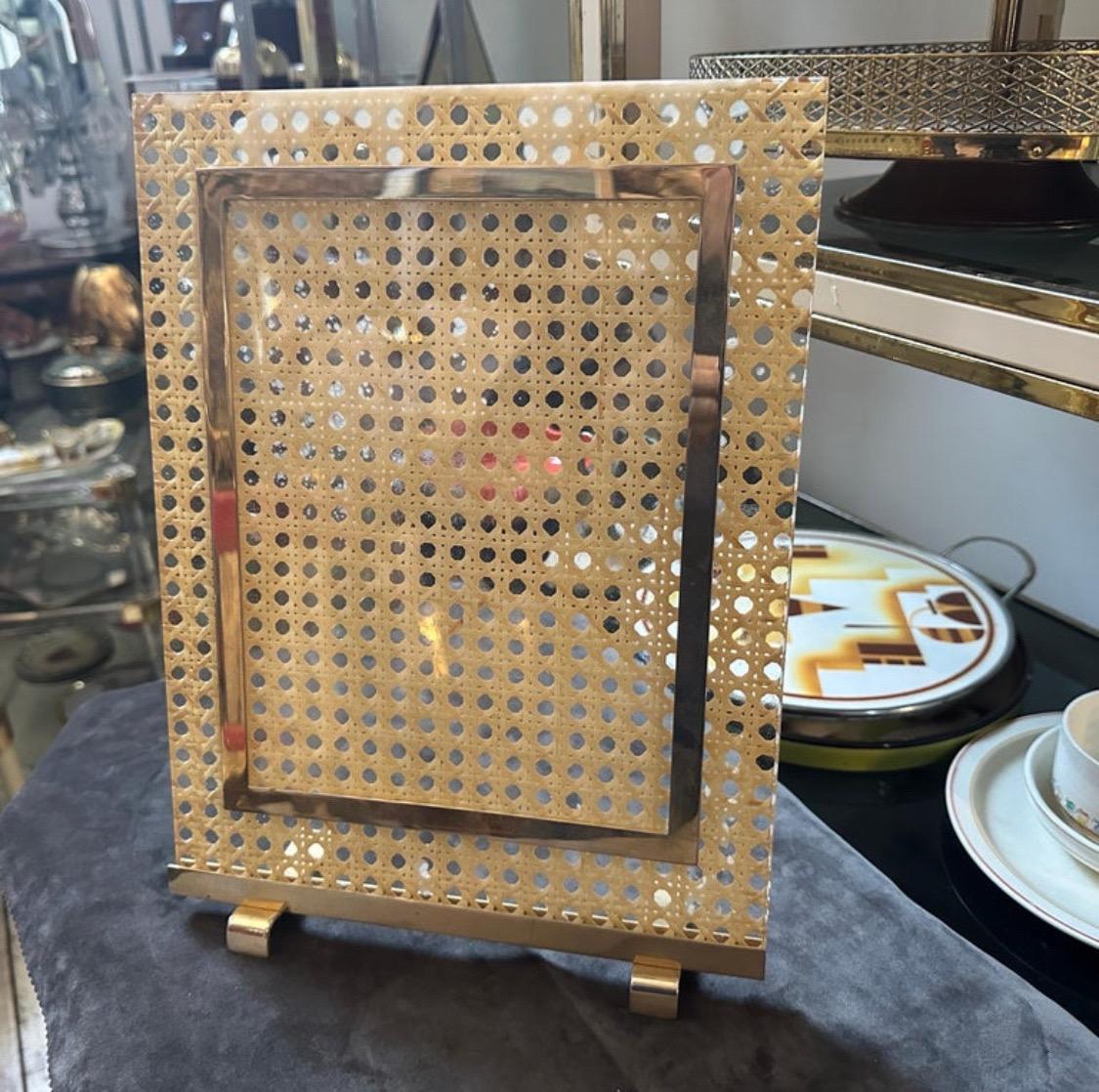 French 1980s Dior Home Modern Brass, Plexiglass and Vienna Straw Picture Frame