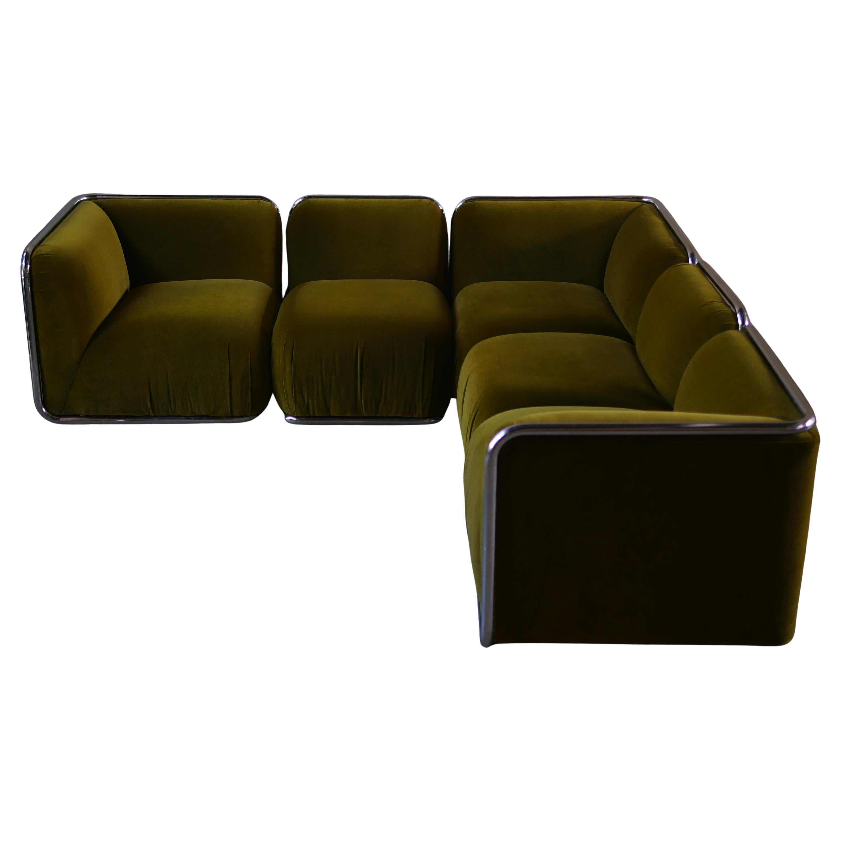 1980s Directional Five-Piece Chrome Frame Modular Sofa in Élitis Cotton Velvet For Sale