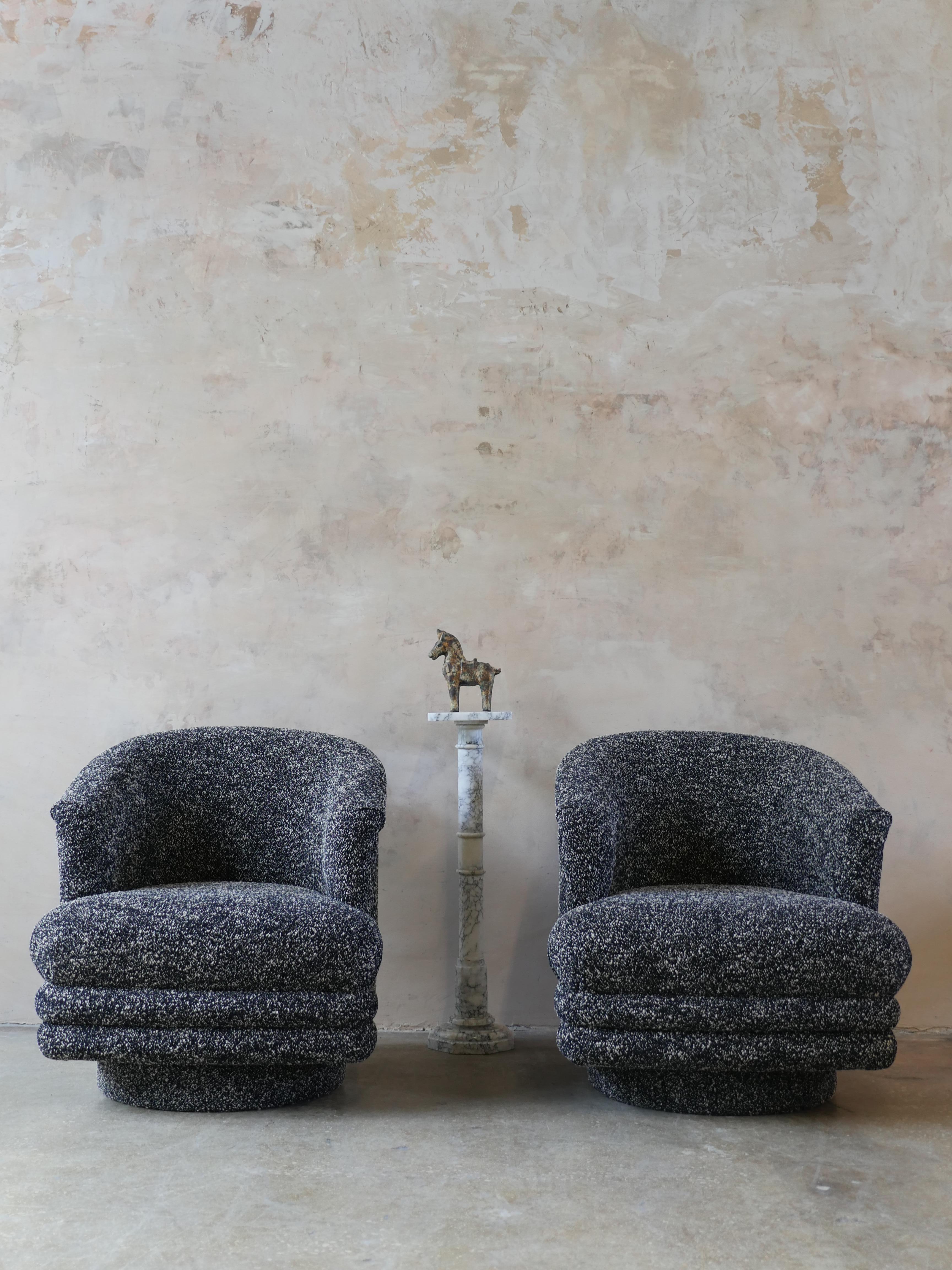 1980s Postmodern designer swivel chairs, by Directional Furniture. The chairs have been reupholstered in Kirkby Design Noir fabric, to give them a cool and luxurious look. The fabric is a super soft chenille, which is punctuated by a cream colored