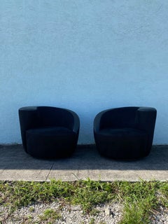 1980s Directional Kagan Black Microsuede and Leather Swivel Chairs, Set of 2