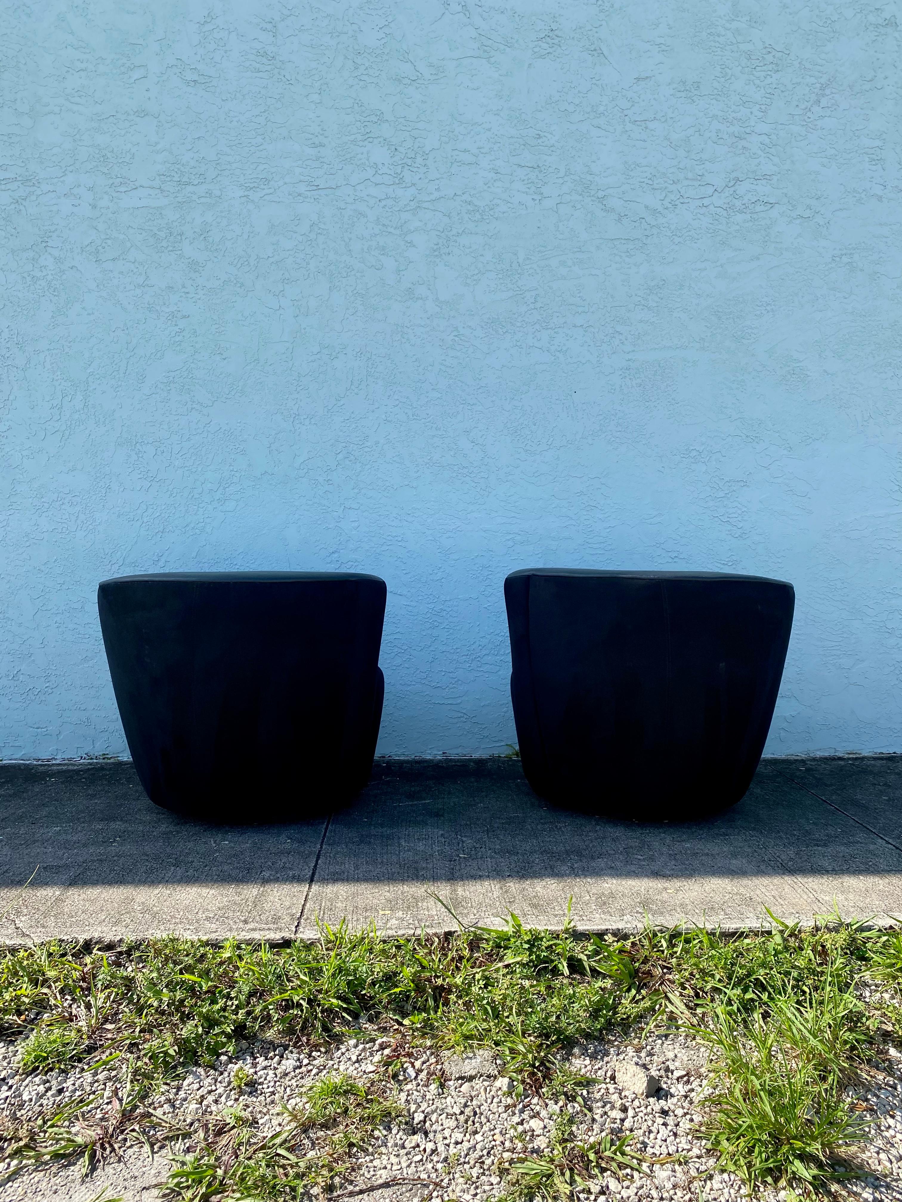 American 1980s Directional Kagan Black Microsuede and Leather Swivel Chairs, Set of 2 For Sale