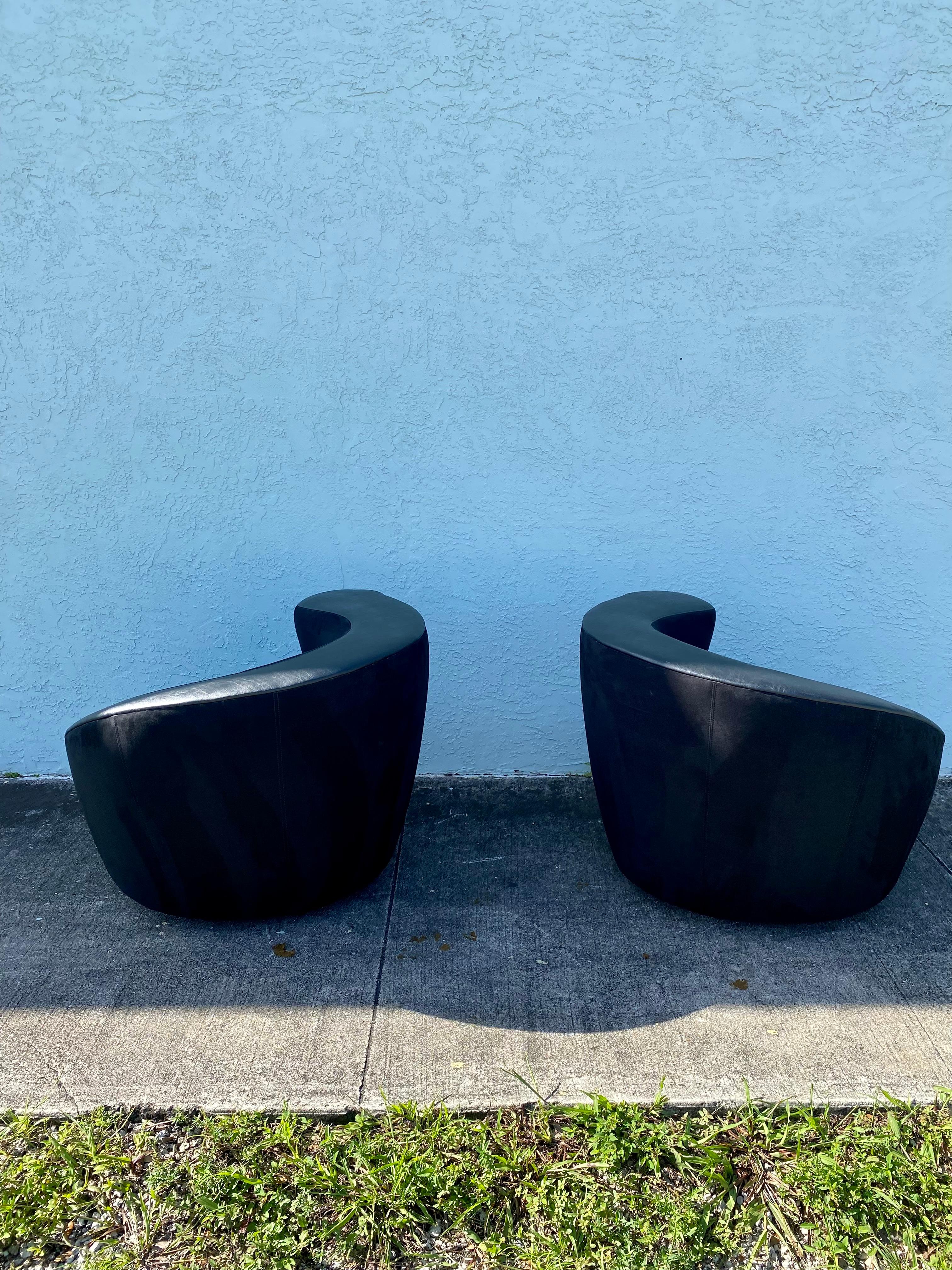1980s Directional Kagan Black Microsuede and Leather Swivel Chairs, Set of 2 For Sale 1