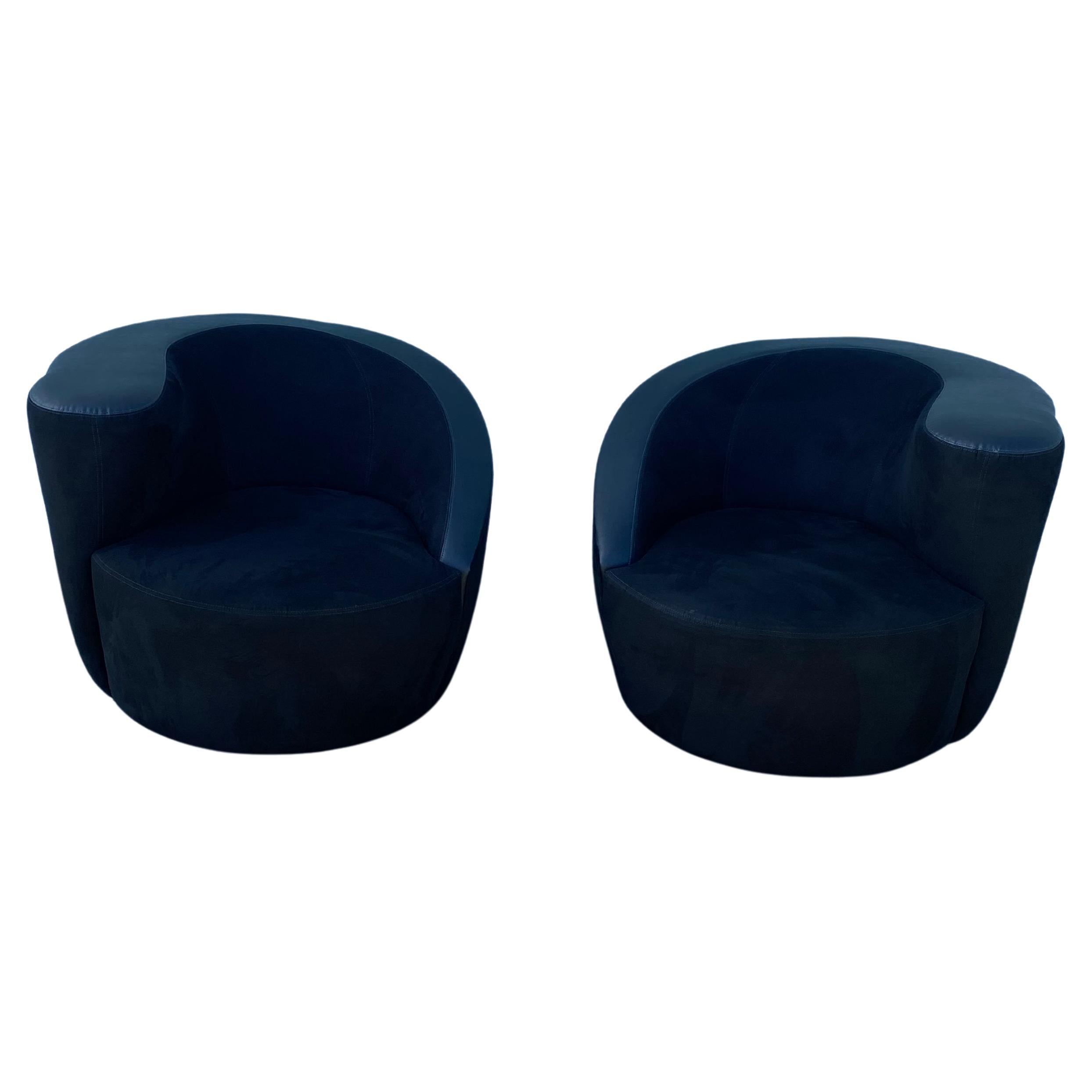 1980s Directional Kagan Black Microsuede and Leather Swivel Chairs, Set of 2 For Sale