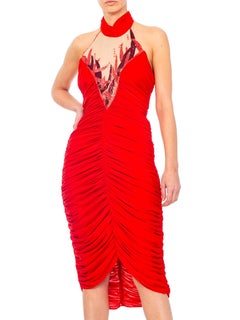 1980'S Lipstick Red Poly/Lycra Jersey Fire Beaded Disco Party Cocktail Dress