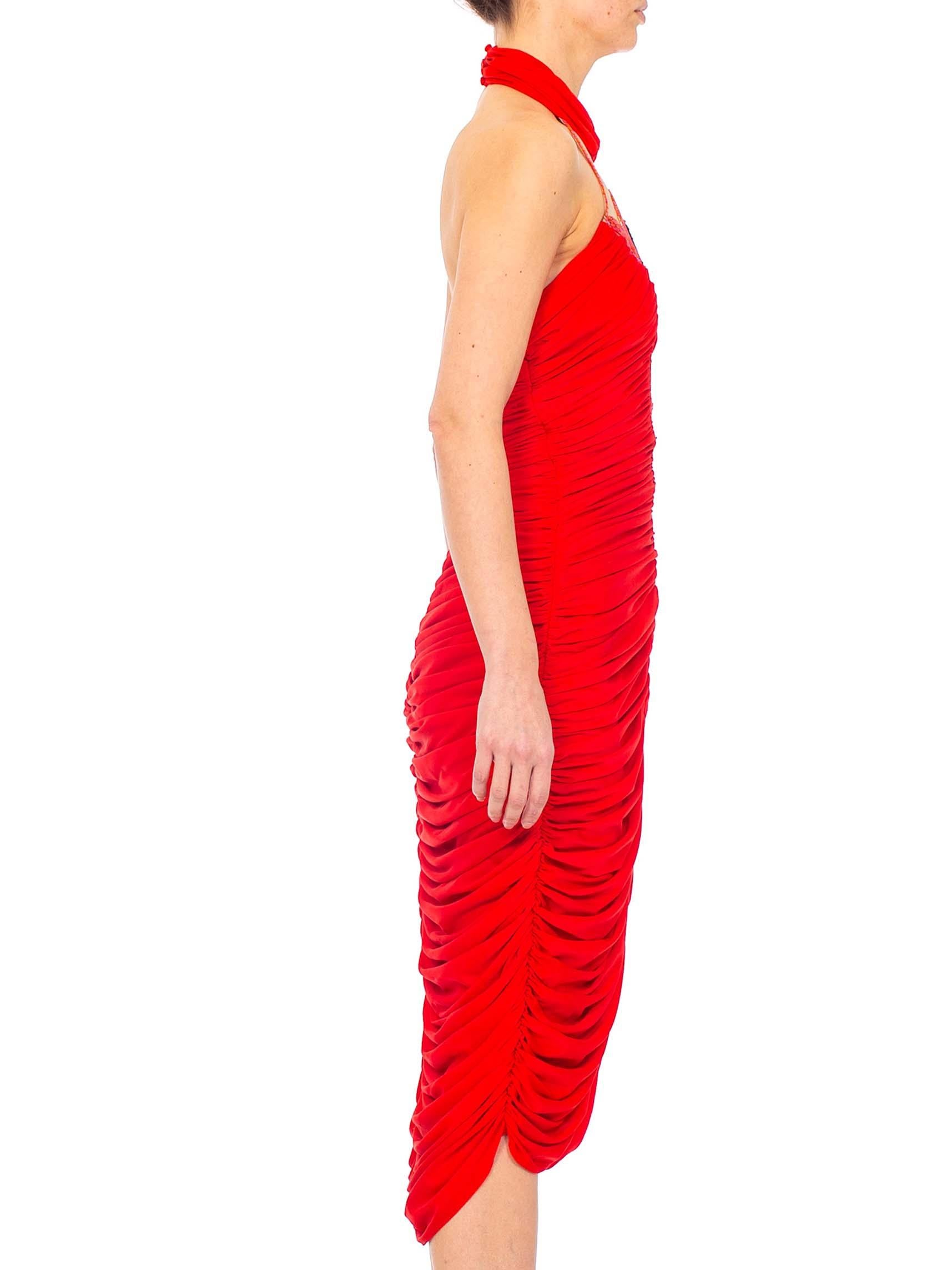 1980'S Lipstick Red Poly/Lycra Jersey Fire Beaded Disco Party Cocktail Dress In Excellent Condition For Sale In New York, NY