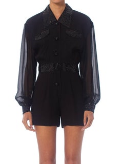 1980S Disco Sequin Shorts With Sheer Chiffon Sleeves  Romper