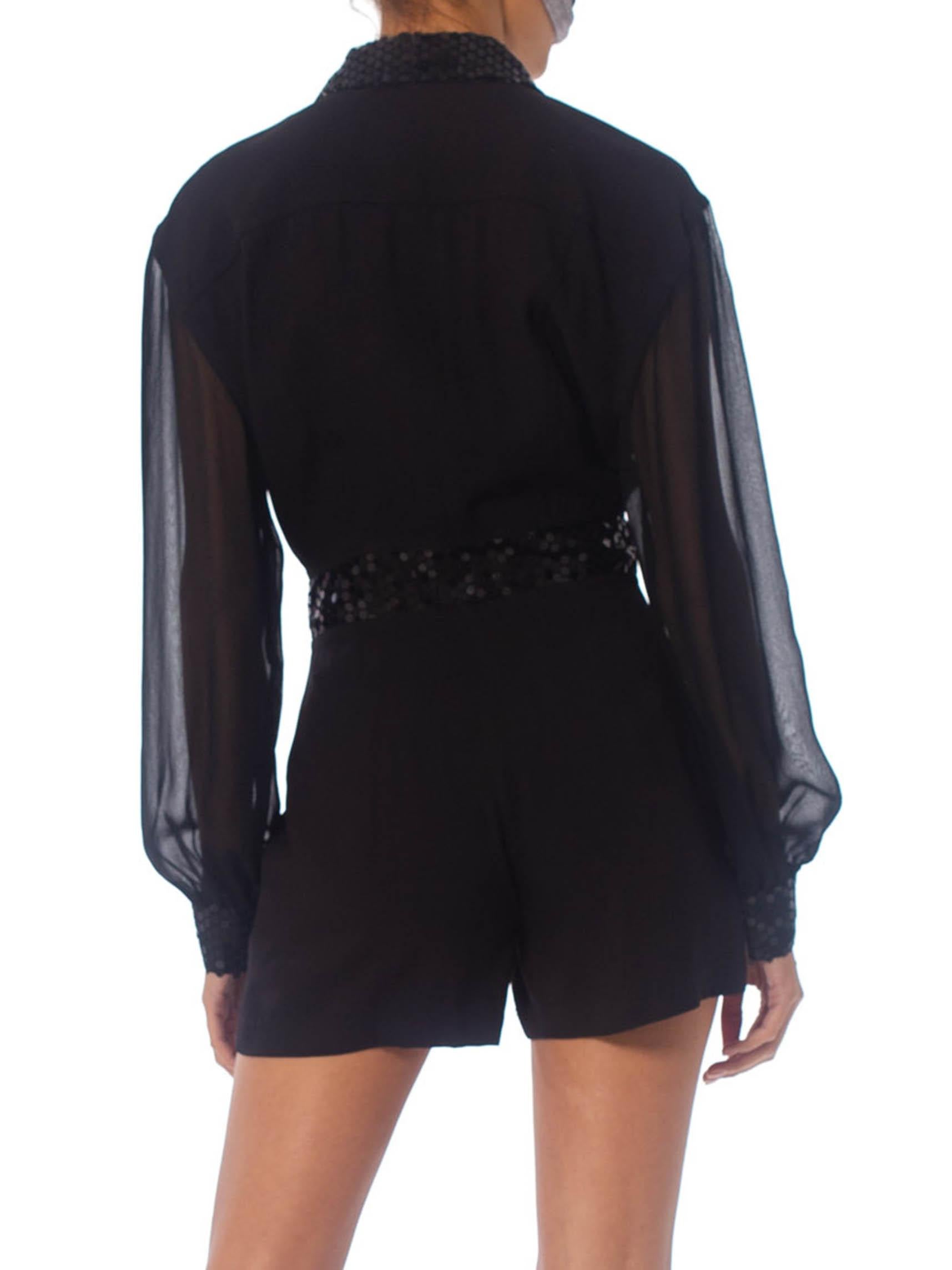 Black 1980S Disco Sequin Shorts With Sheer Chiffon Sleeves  Romper
